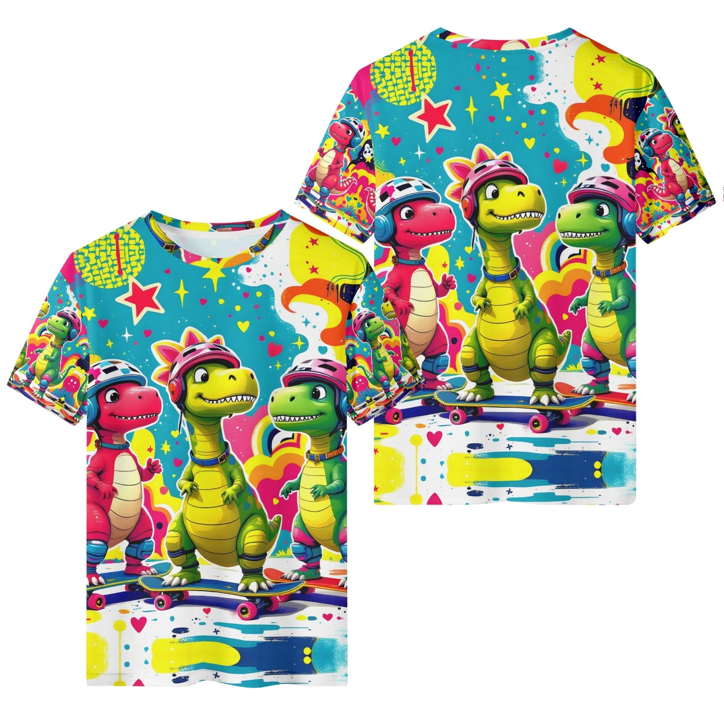Skate n Roar Organic Cotton Kids T-Shirt with colorful dinosaur skateboarding design and vibrant stars