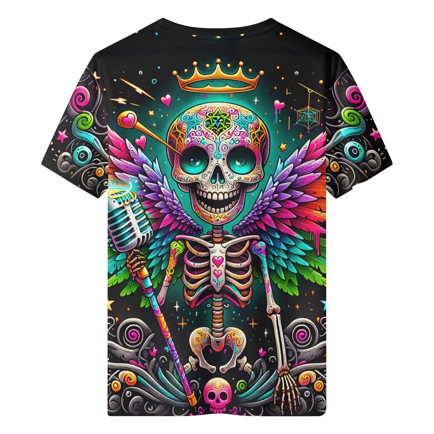 Skeleton Stardust Organic Cotton Kids T-Shirt with colorful winged skeleton and vibrant crown design