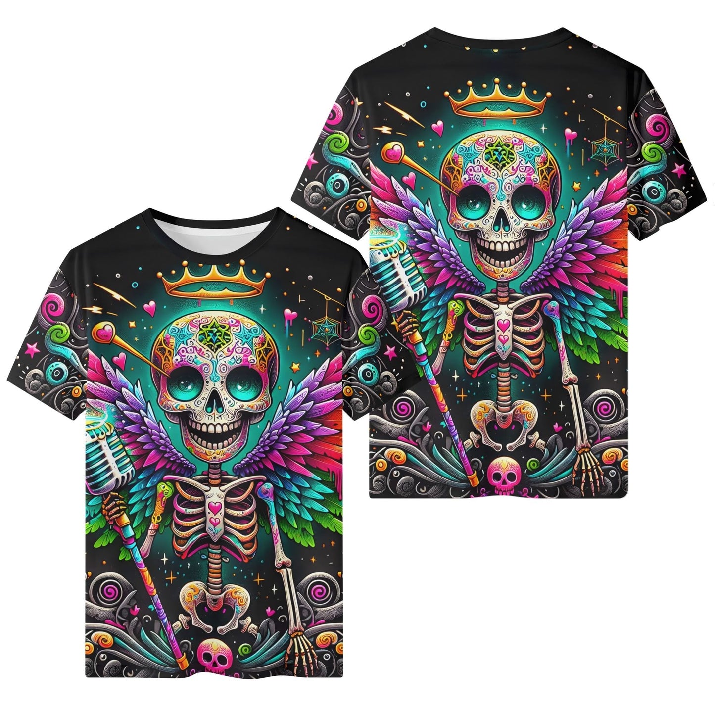 Skeleton Stardust Organic Cotton Kids T-Shirt by Loud and Lethal with colorful skeleton and vibrant wings design