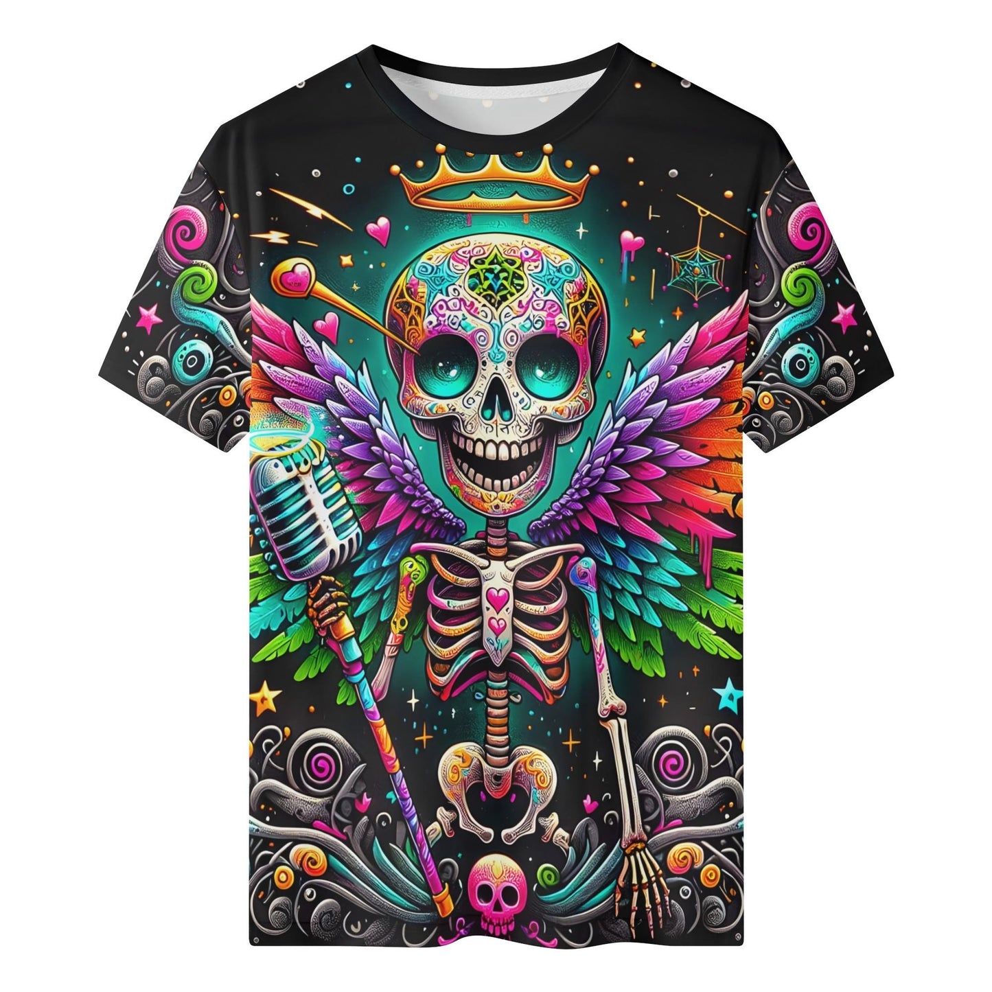 Skeleton Stardust Organic Cotton Kids T-Shirt featuring colorful winged skeleton design with crown and microphone