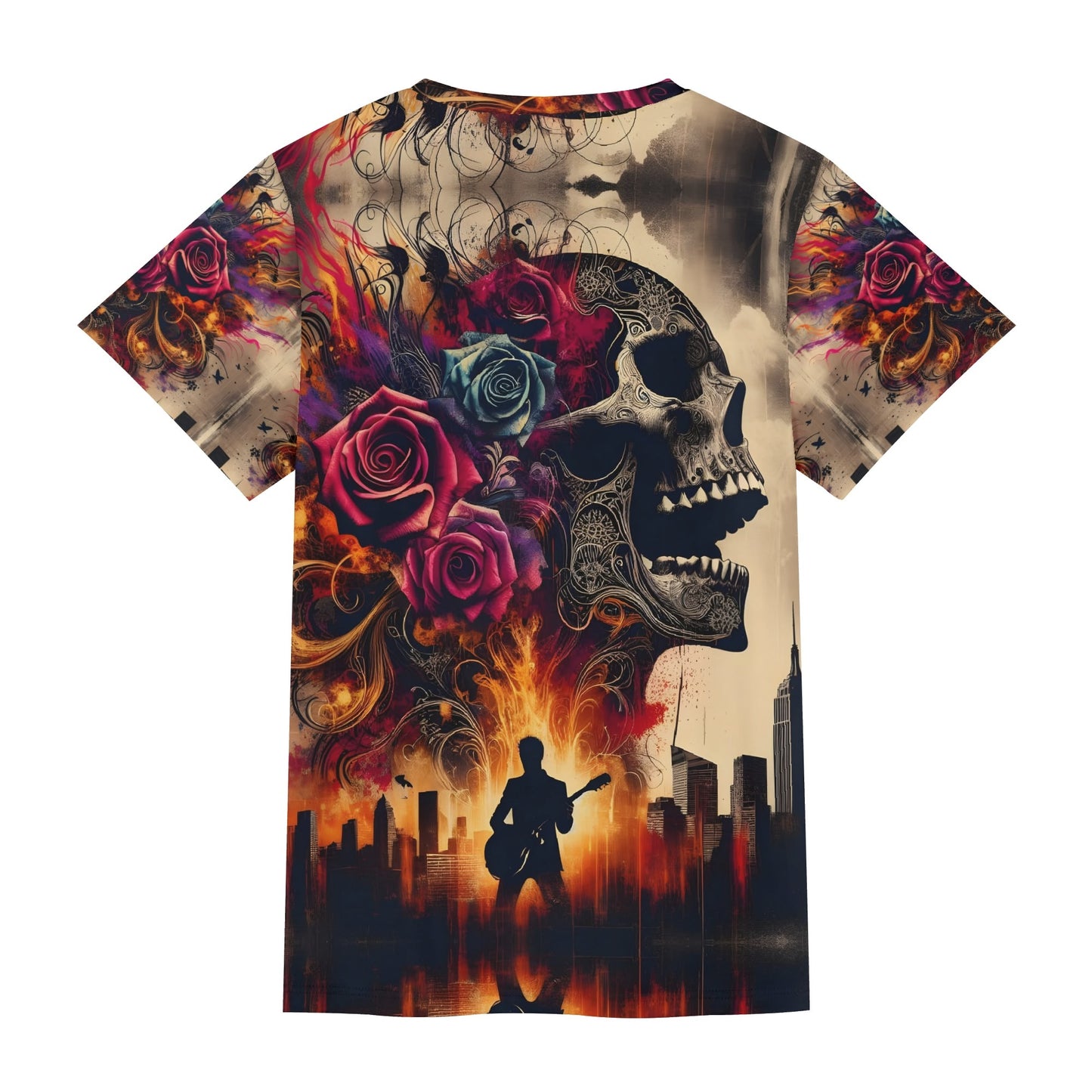 Skull and Roses Rebellion Lycra T-Shirt by Loud and Lethal featuring skull, roses, and cityscape design
