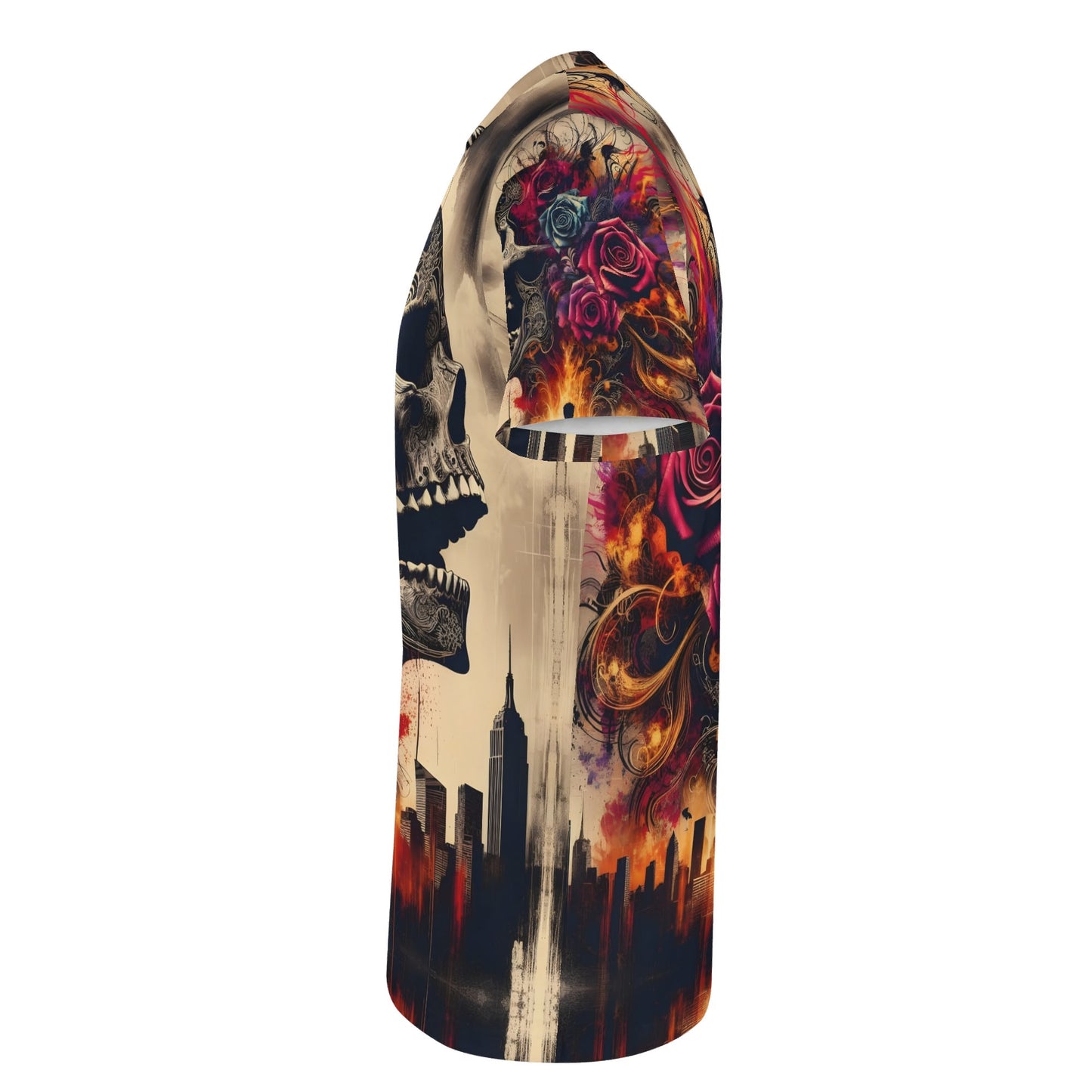 Skull and Roses Rebellion Lycra T-Shirt by Loud and Lethal featuring a skull with roses and cityscape design