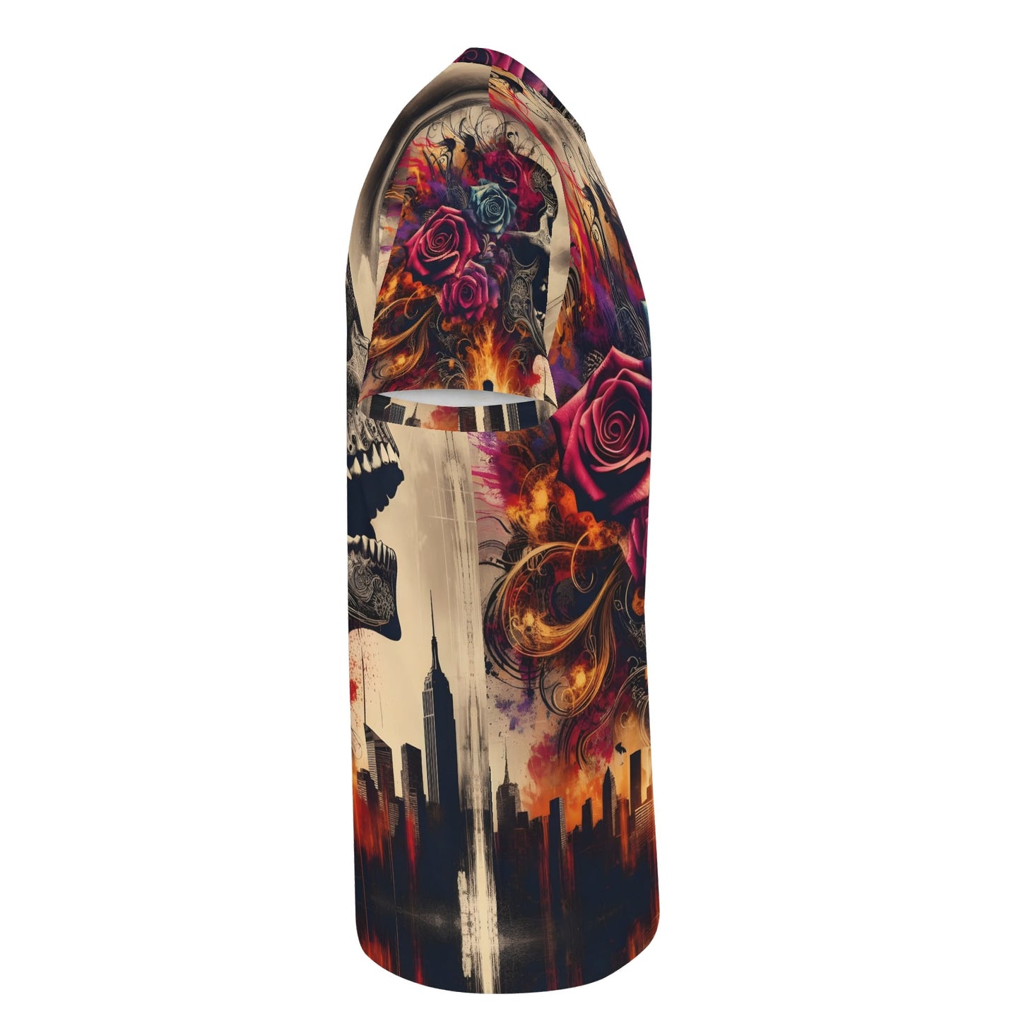 Loud and Lethal Skull and Roses Rebellion Lycra T-Shirt with skull and floral cityscape design
