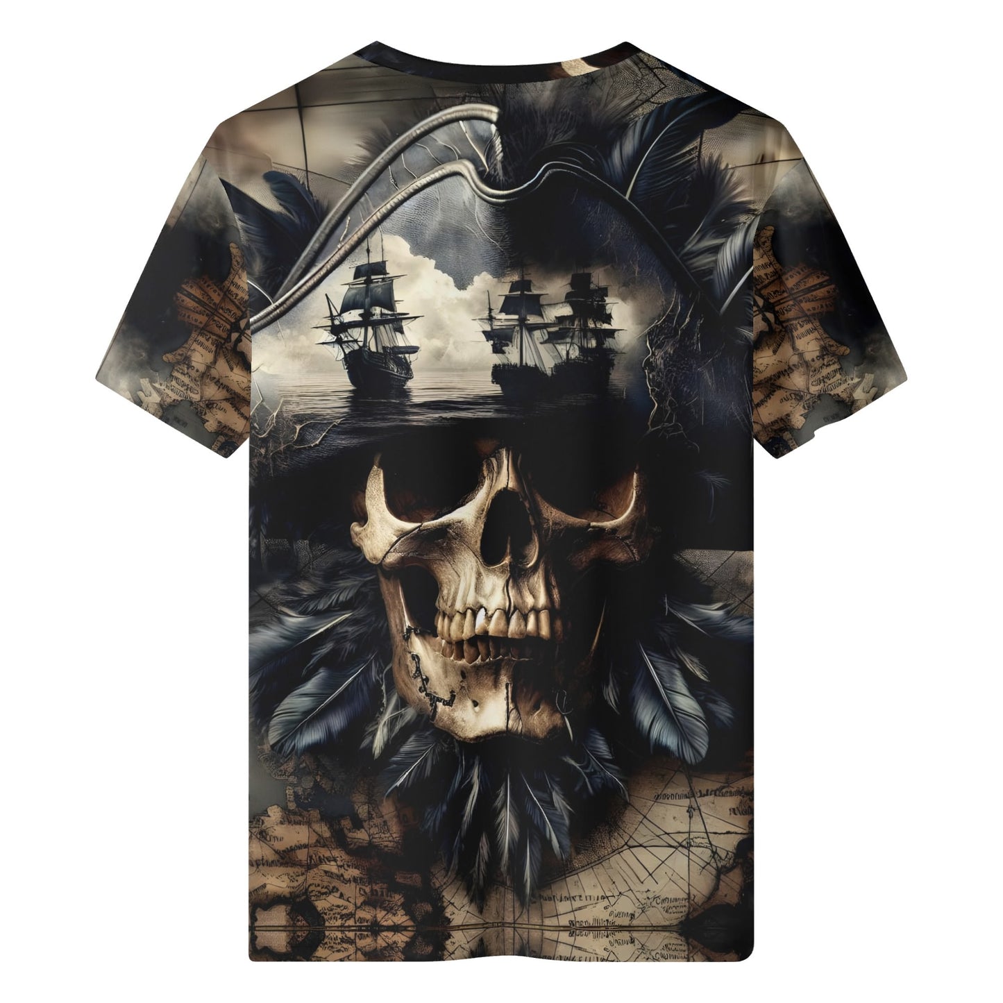 Skull and Sea 100 Cotton T-Shirt featuring pirate skull with sailing ships and feather details in dark tones