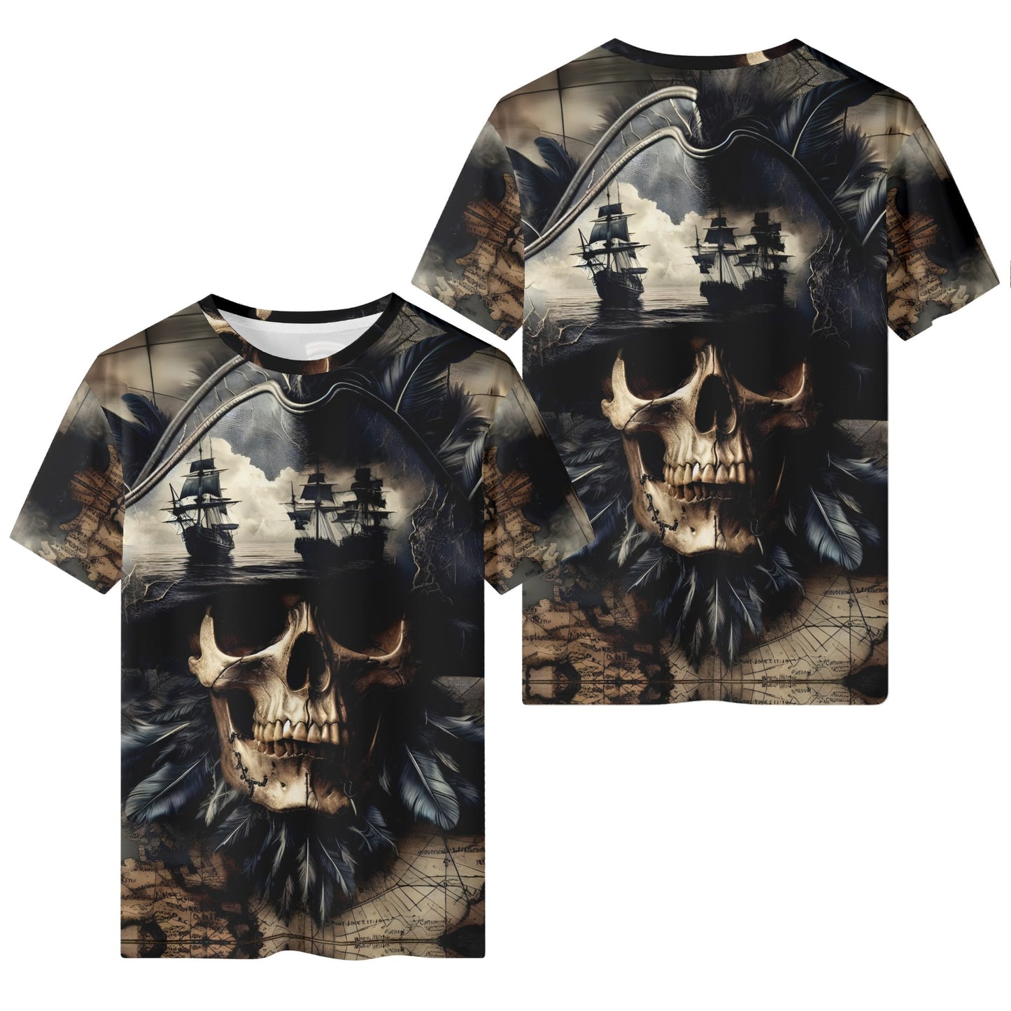 Skull and Sea 100 Cotton T-Shirt featuring pirate skull and sailing ships design by Loud and Lethal