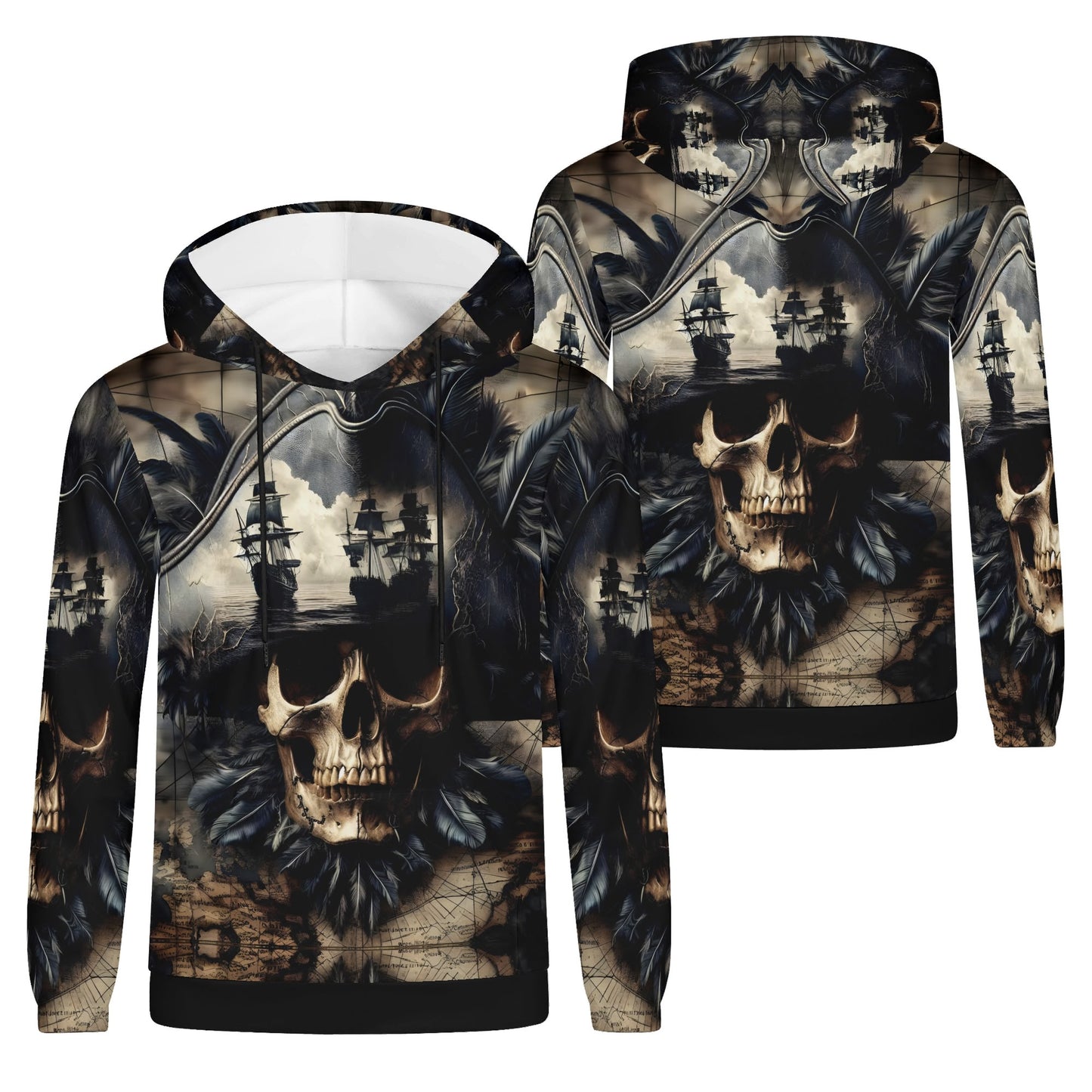 Skull and sea cotton terry hoodie with pirate ship and detailed skull design from Loud and Lethal