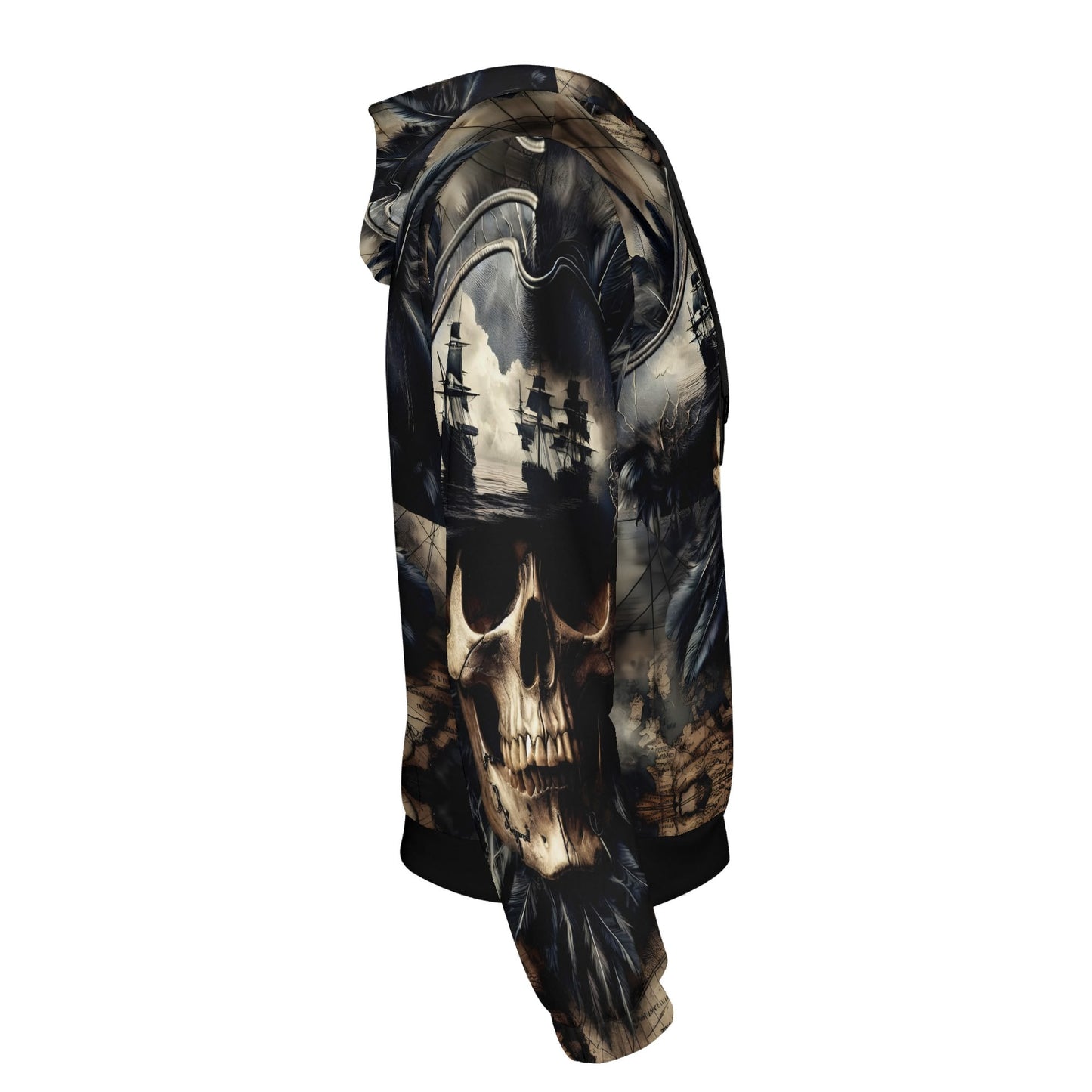Loud and Lethal skull and sea cotton terry hoodie with pirate skull and ship design in dark tones