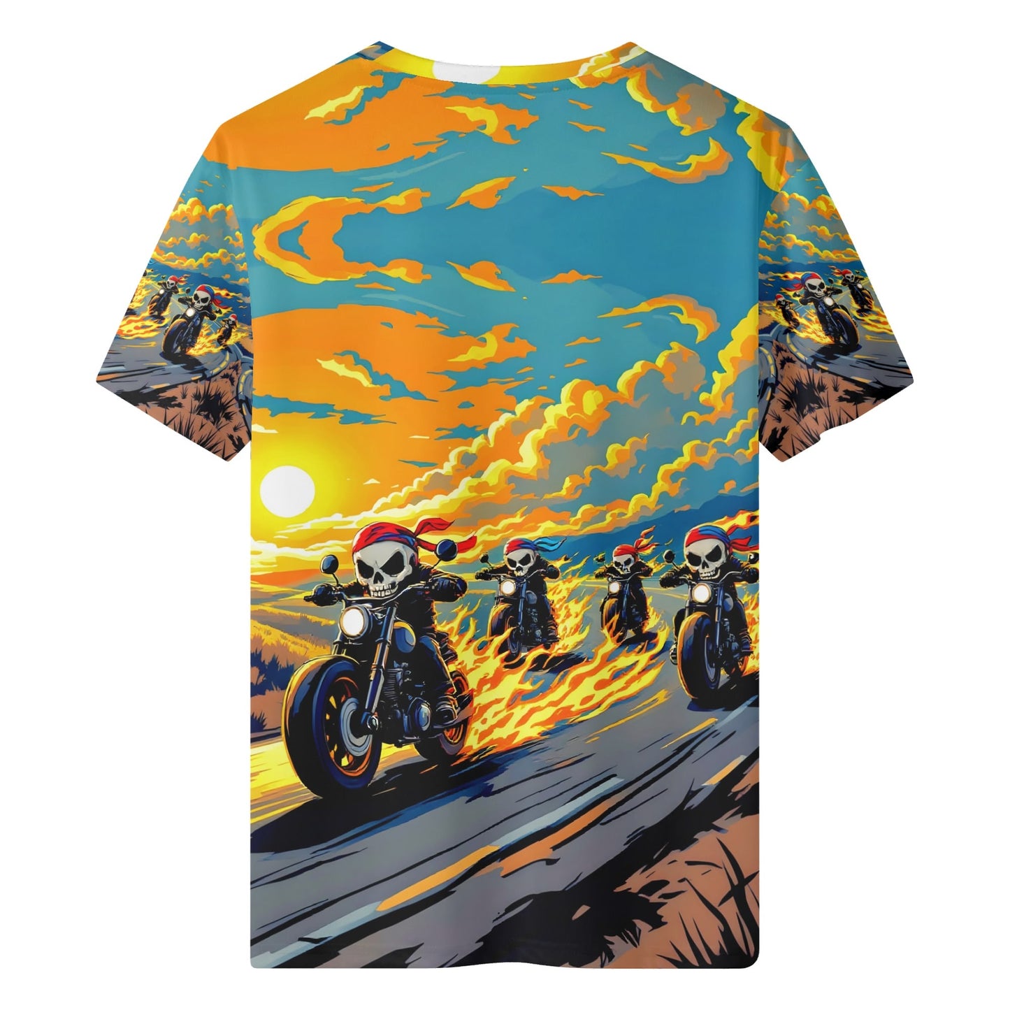 Skull Riders Organic Cotton Kids T-Shirt featuring skull motorcyclists riding with flames at sunset