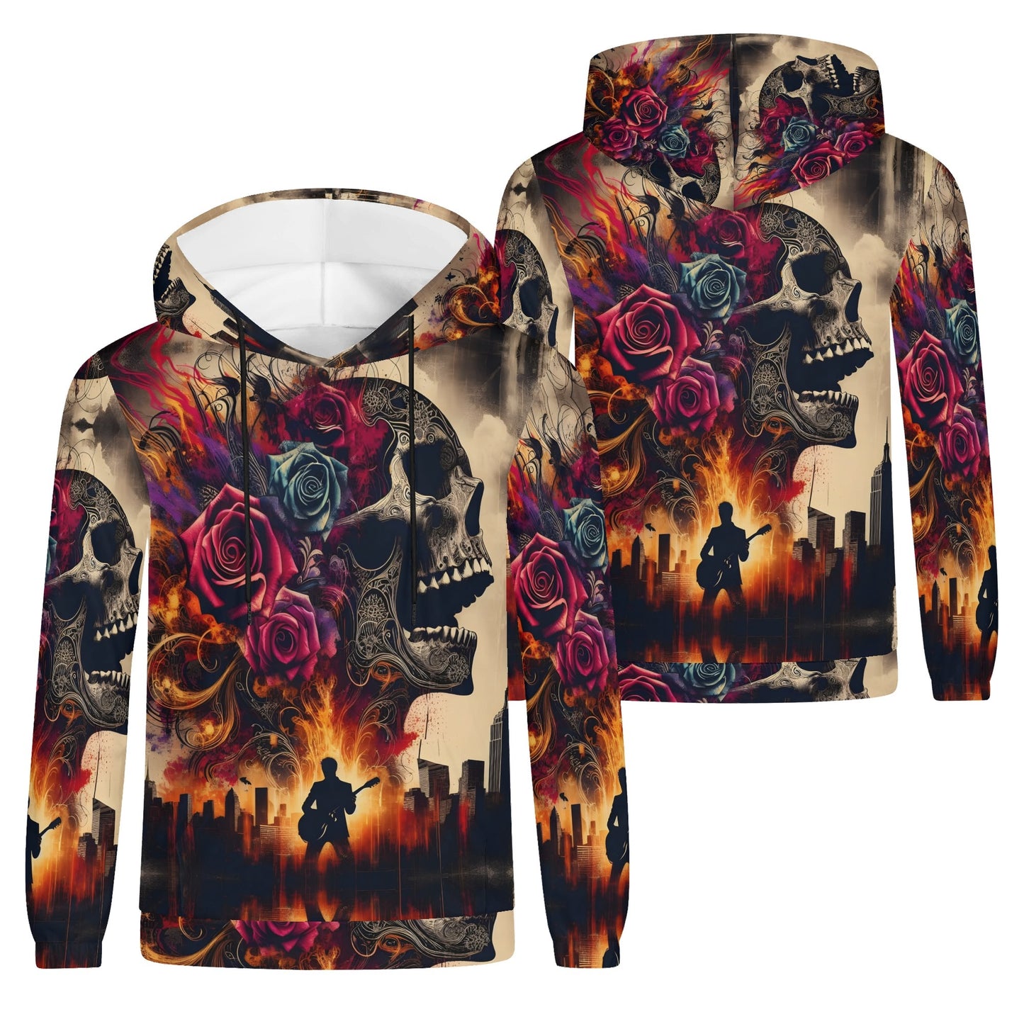 Skull & Roses Rebellion Cotton Terry Hoodie by Loud and Lethal with vibrant skull and rose design and fiery cityscape background