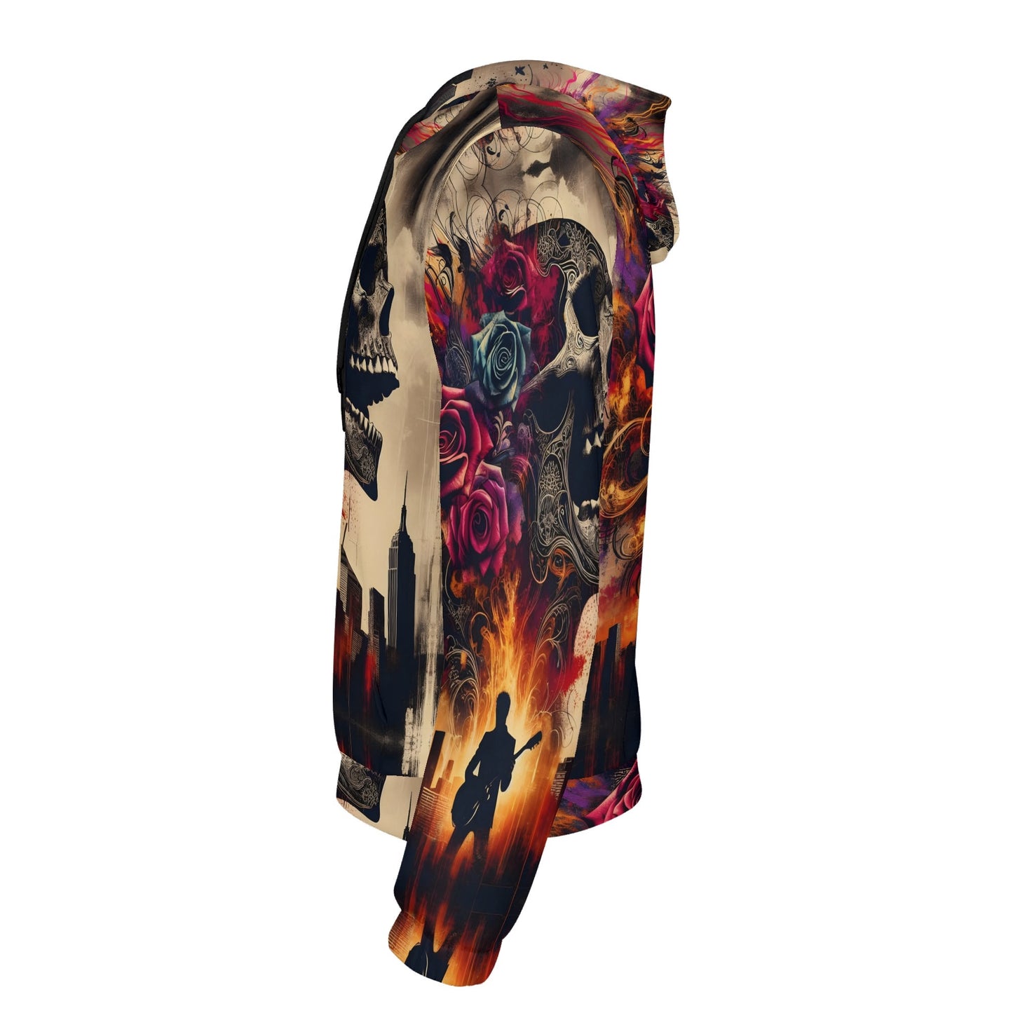 Skull & Roses Rebellion Cotton Terry Hoodie featuring colorful skull and rose design with cityscape and guitar silhouette