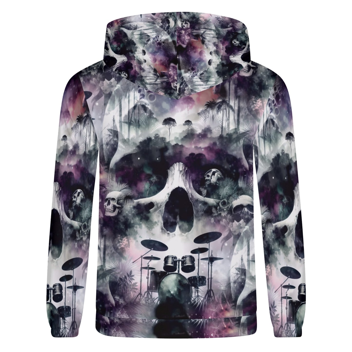 Loud and Lethal Skull Sessions sustainable goth hoodie with dark skull and drum set design