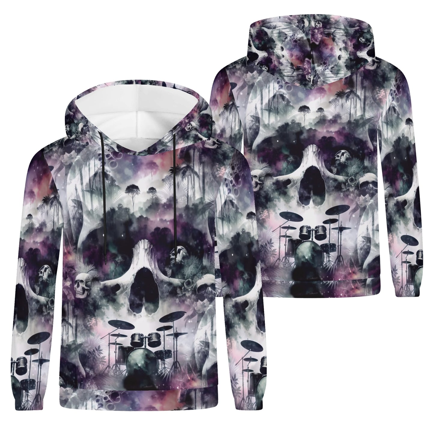 Skull Sessions sustainable goth hoodie by Loud and Lethal with dark skull and drum graphic print