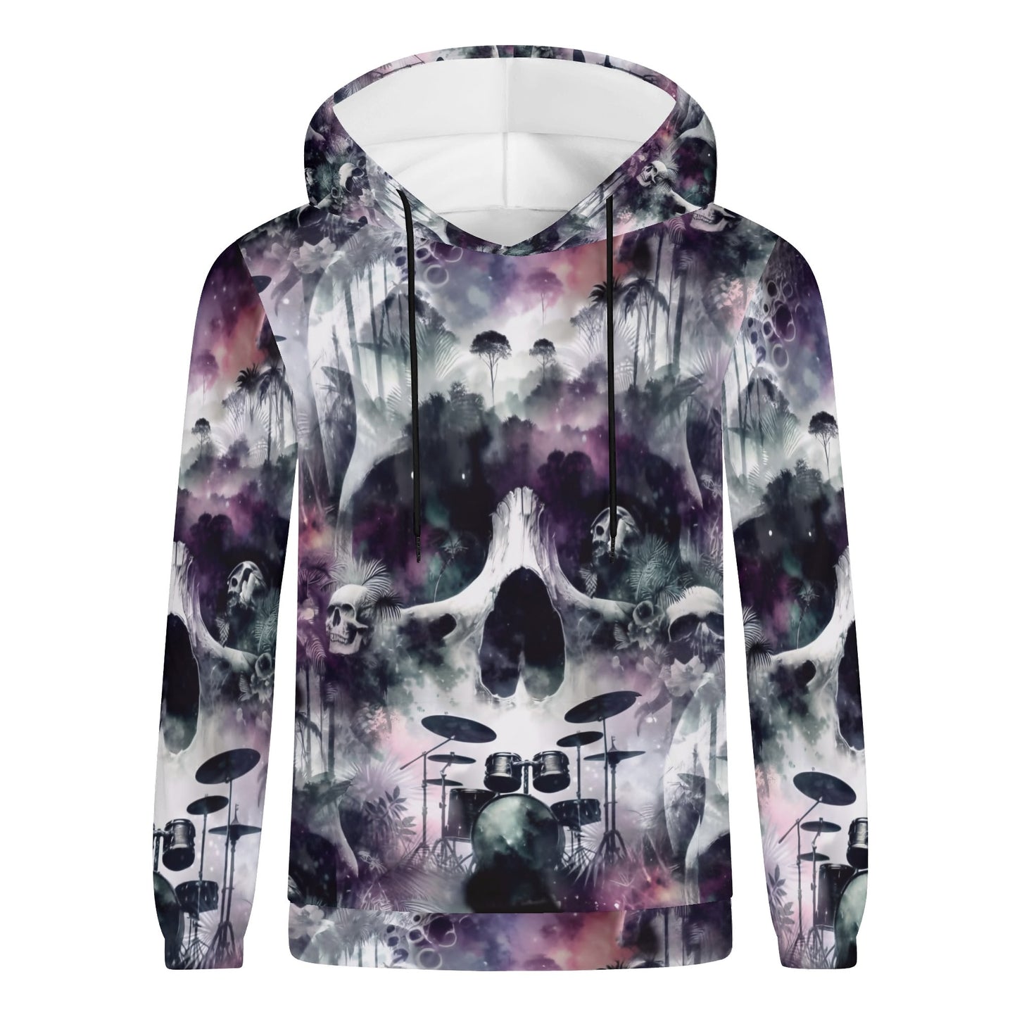 Skull Sessions sustainable goth hoodie with dark skull and drum set design in purple and black