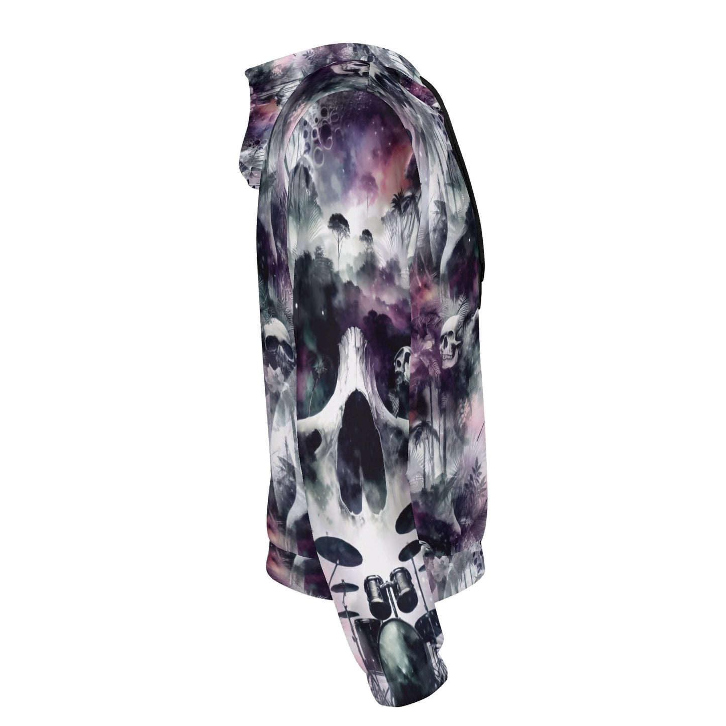 Side view of Loud and Lethal Skull Sessions sustainable goth hoodie featuring dark skull and forest design