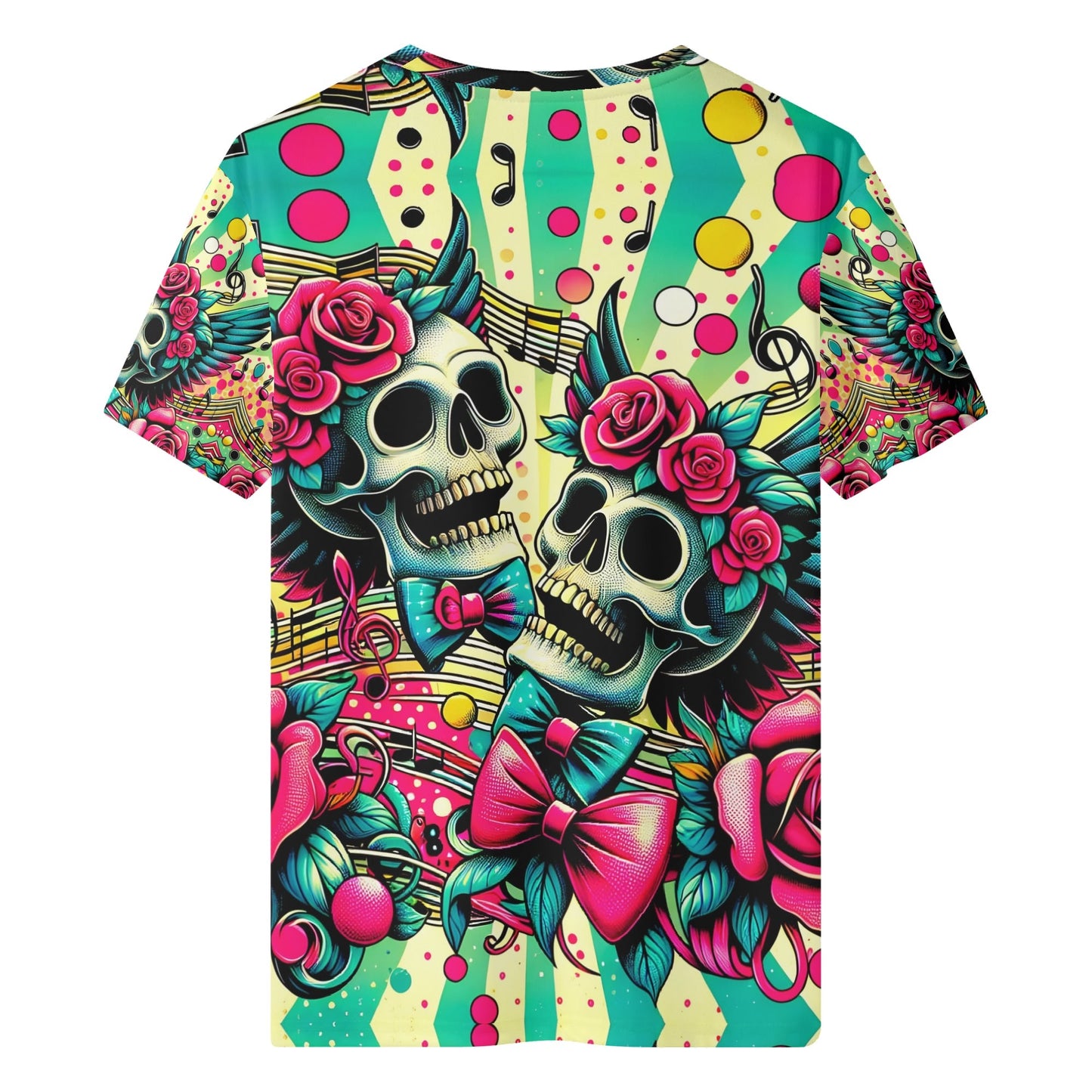 Skull Sonata Organic Cotton Kids T-Shirt with colorful skulls, roses, and musical notes design