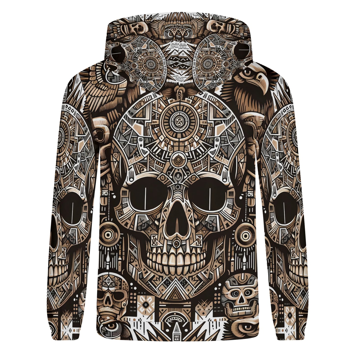 Skull Totem poly french terry hoodie by Loud and Lethal featuring intricate tribal skull and totem designs in brown and black