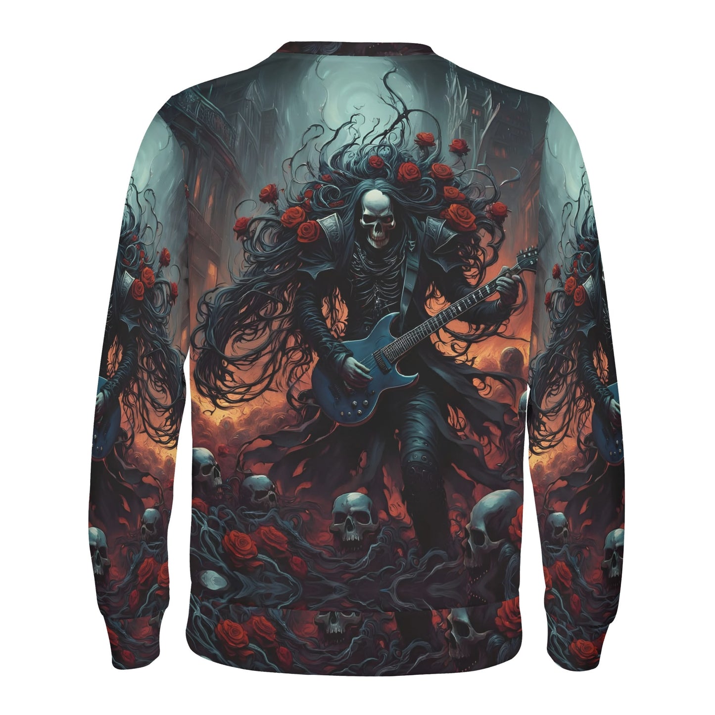 A Punk Rock Odyssey Poly French Terry Sweatshirt unisex sweater with skull guitarist red roses and dark forest art