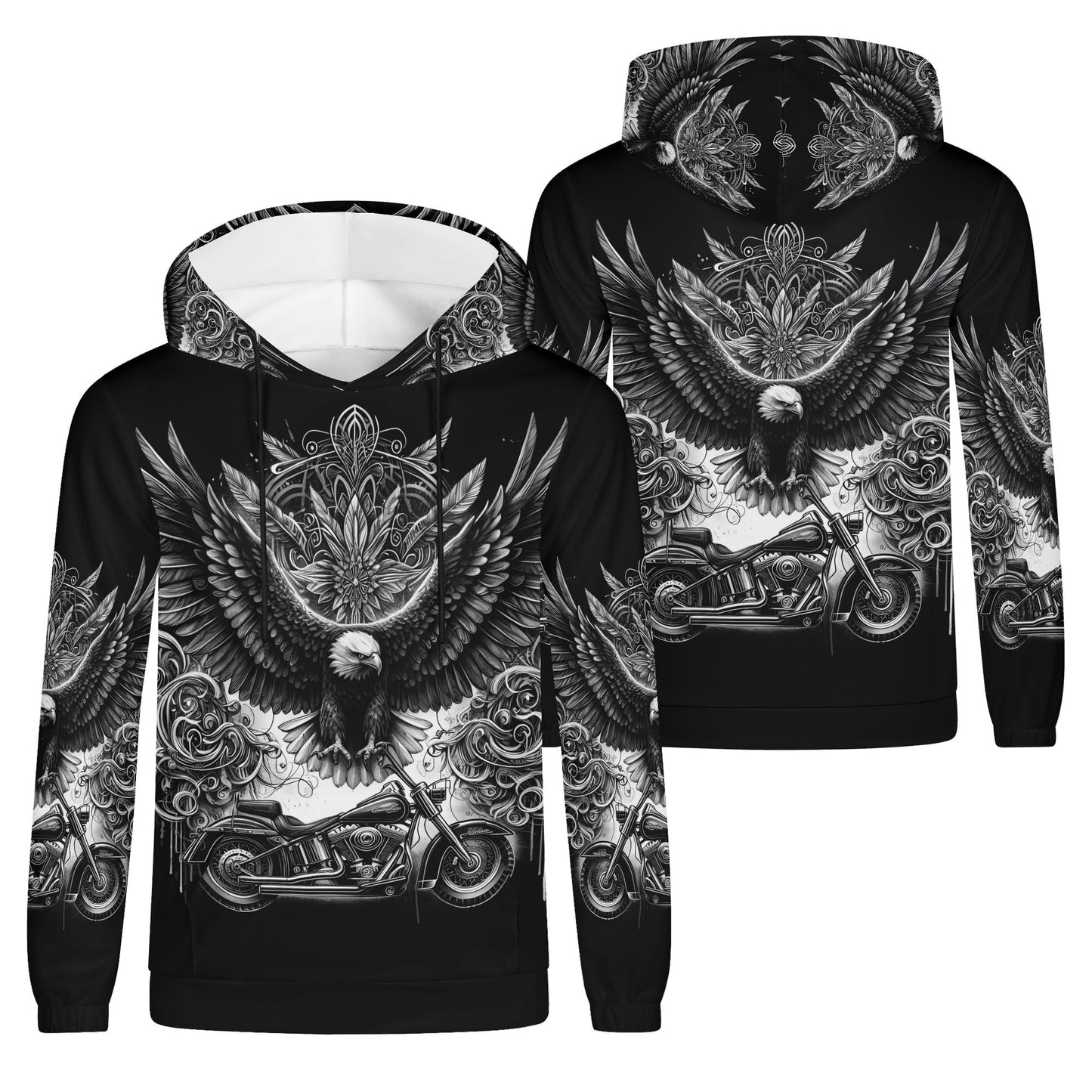 Soaring Eagle poly french terry biker hoodie with black and white eagle and motorcycle design