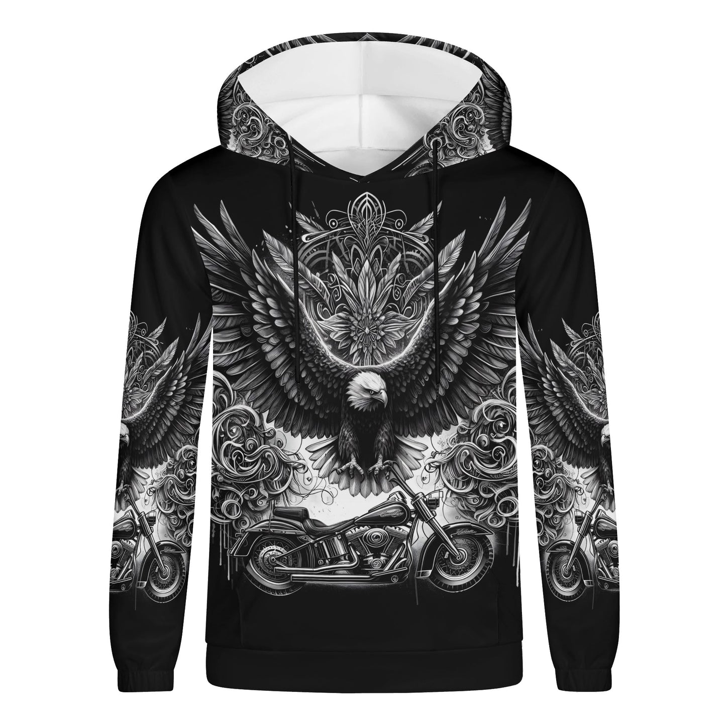 Loud and Lethal Soaring Eagle poly french terry biker hoodie with eagle and motorcycle design