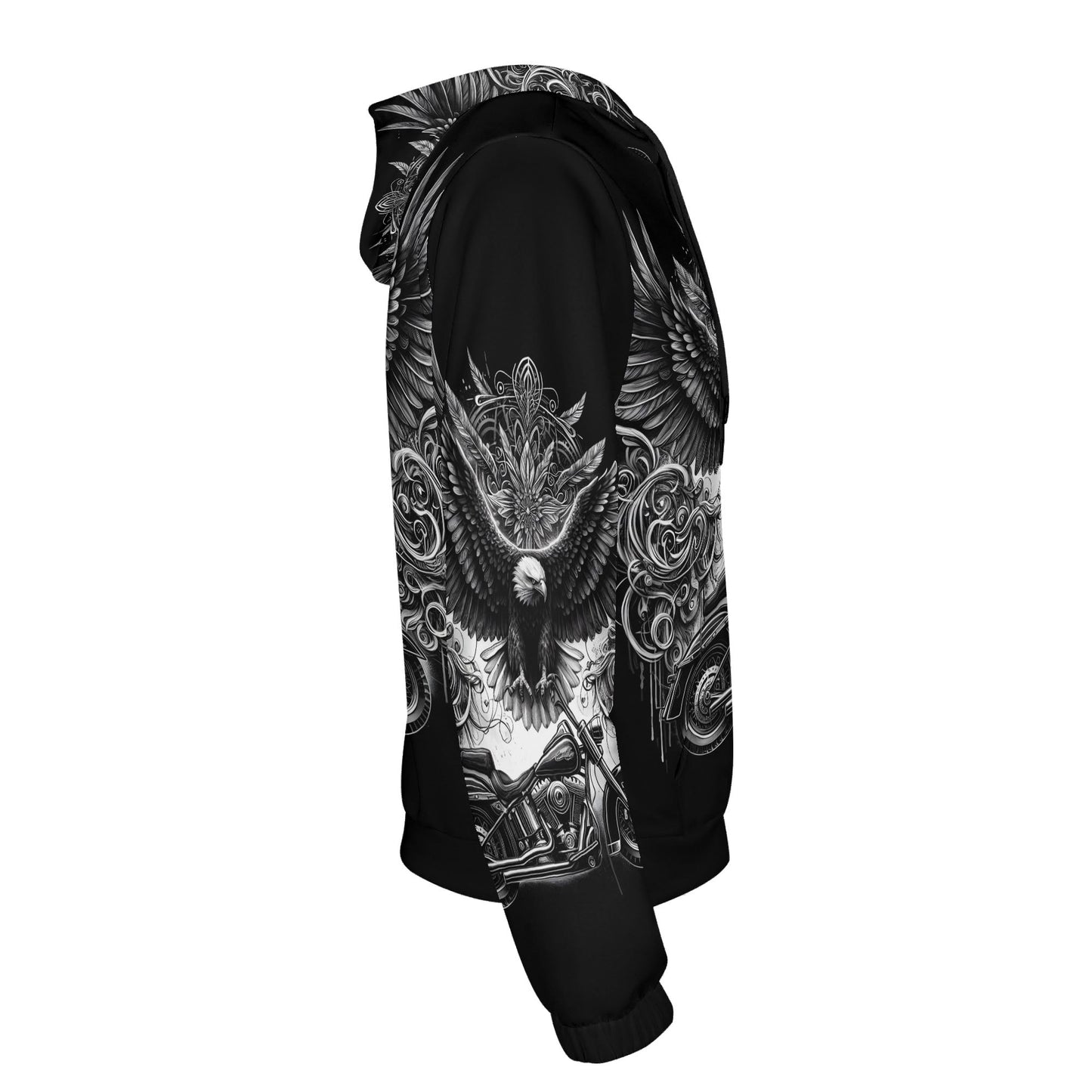 Loud and Lethal Soaring Eagle poly french terry biker hoodie in black with eagle and motorcycle design