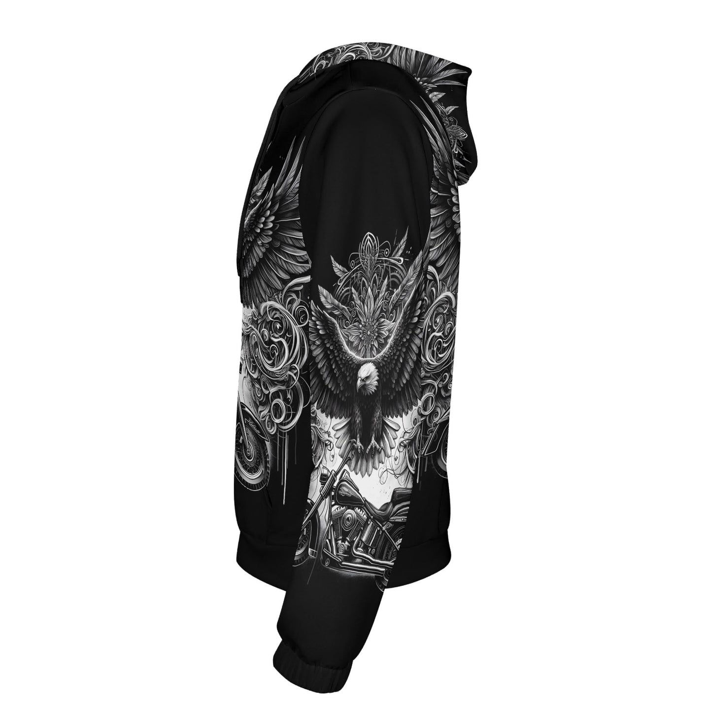 Loud and Lethal Soaring Eagle poly french terry biker hoodie with black and detailed eagle and motorcycle design