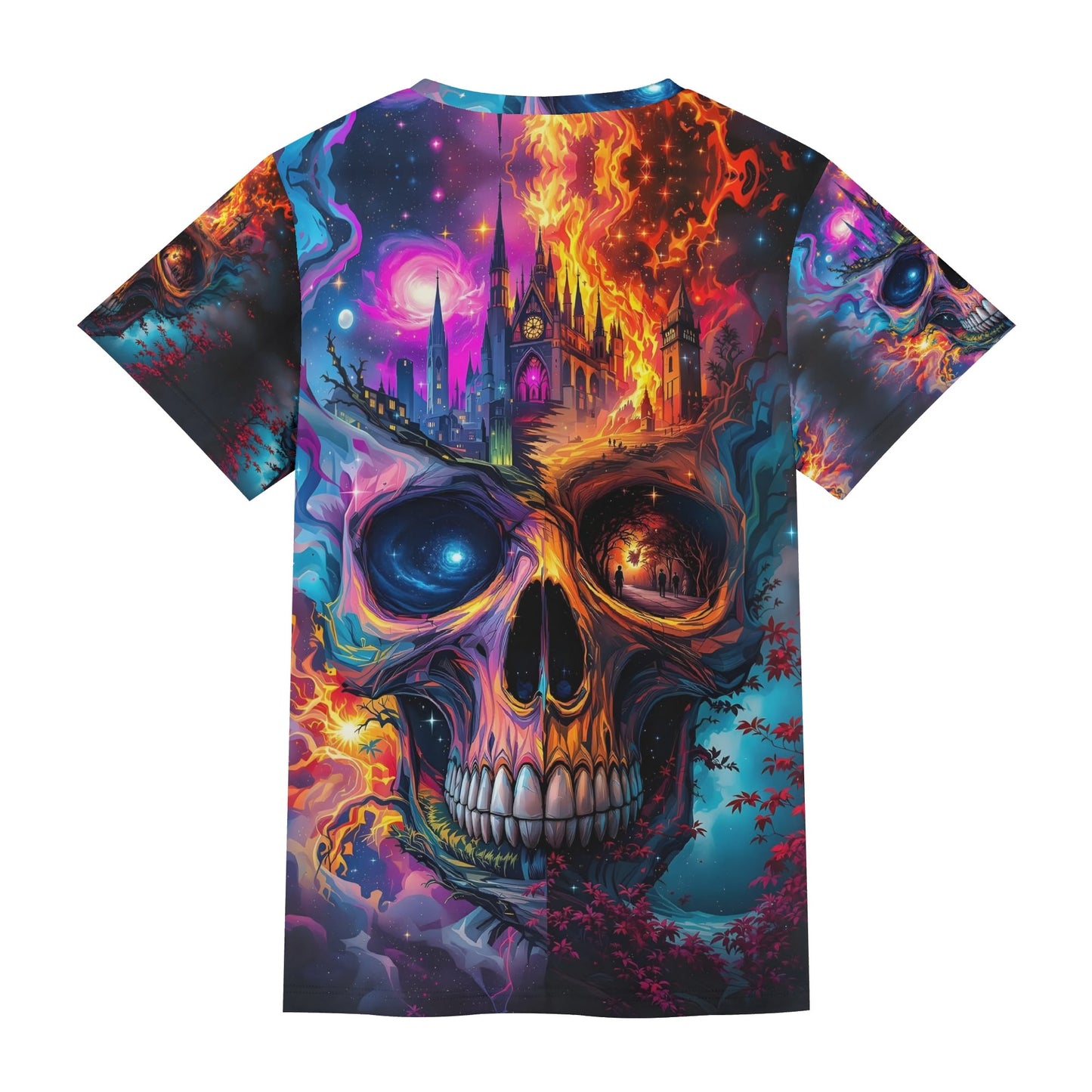 Loud and Lethal Soulfire Awakening Lycra T-Shirt featuring colorful fiery skull and haunted castle design