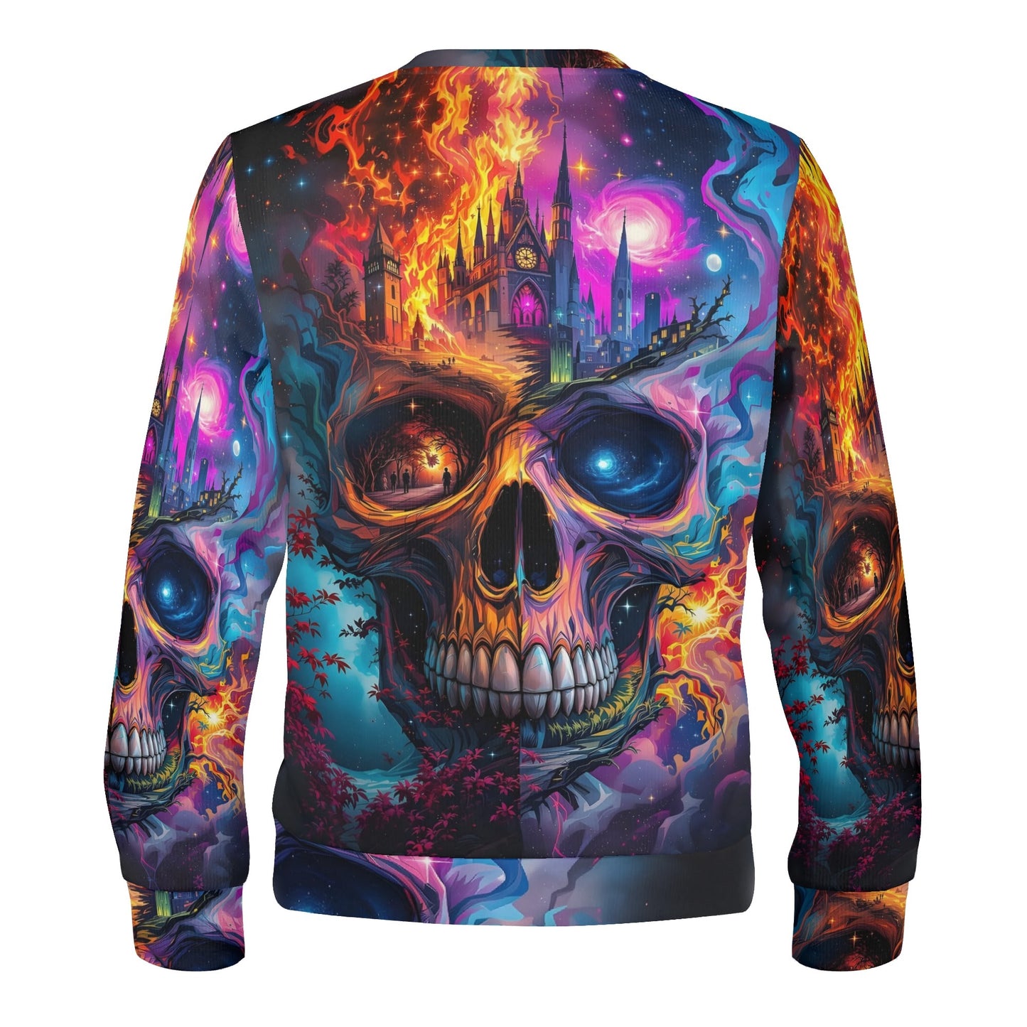 Unisex Loud and Lethal Soulfire Awakening Cotton Terry Sweatshirt with vivid psychedelic skull and flaming castle graphic