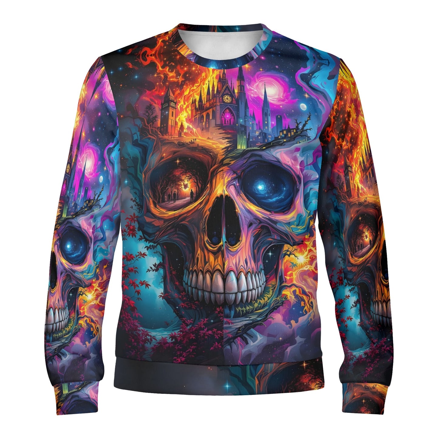 Loud and Lethal unisex sweater Soulfire Awakening Cotton Terry Sweatshirt with vibrant cosmic skull and castle print