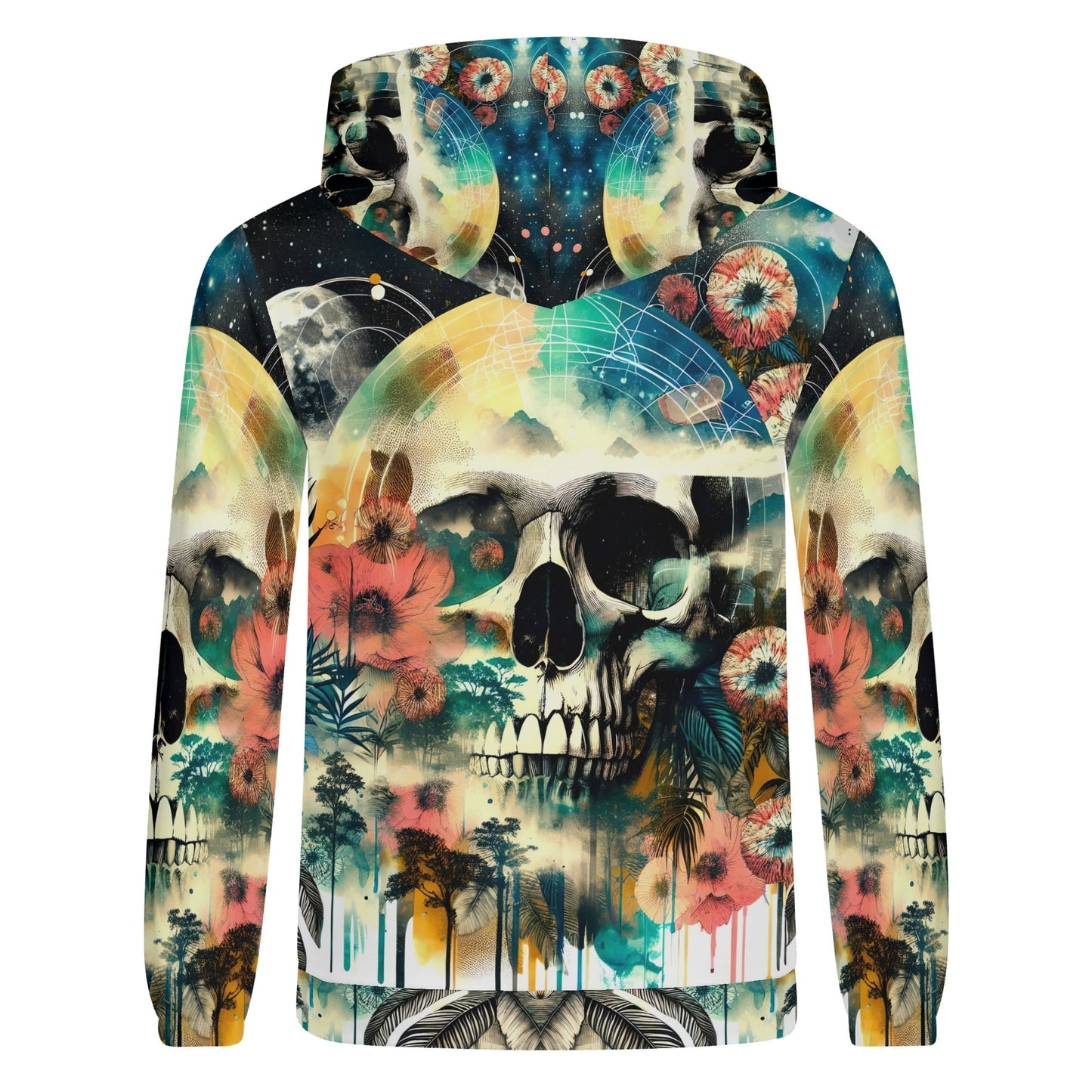 Spaced Out Skull cotton terry hoodie by Loud and Lethal featuring colorful skull and floral space design