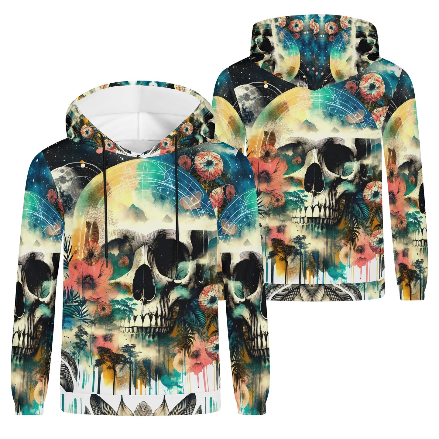Spaced Out Skull cotton terry hoodie by Loud and Lethal featuring colorful skull and floral design