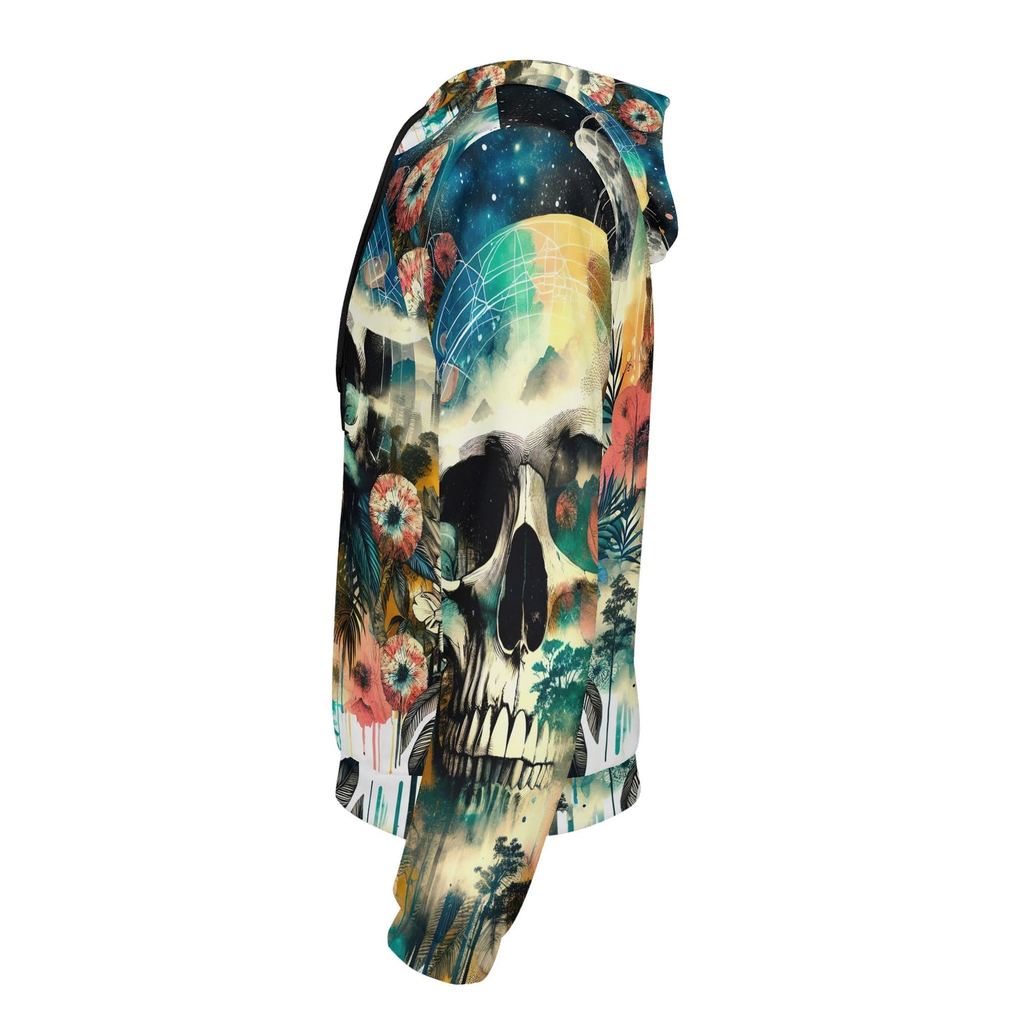 Spaced Out Skull cotton terry hoodie by Loud and Lethal with colorful skull and floral design