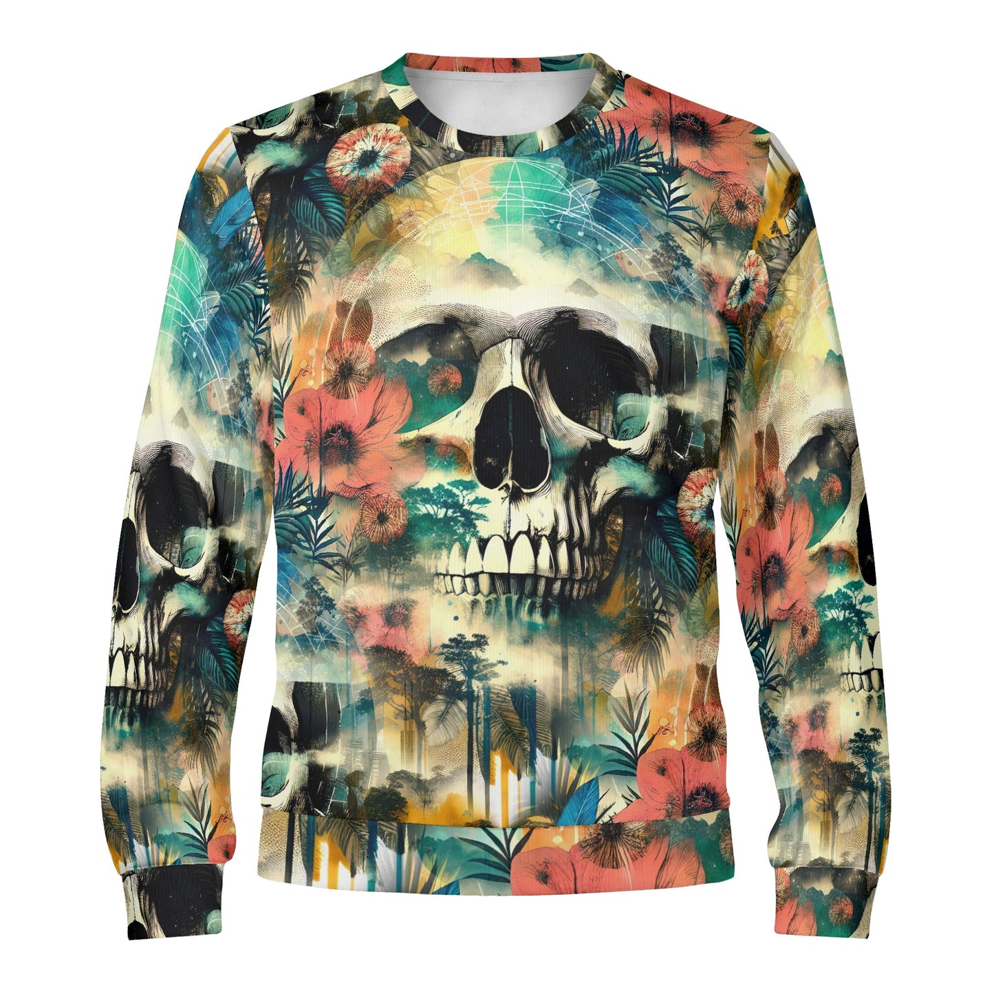 Loud and Lethal Spaced Out Skull Poly French Terry Sweatshirt with colorful skull and floral design