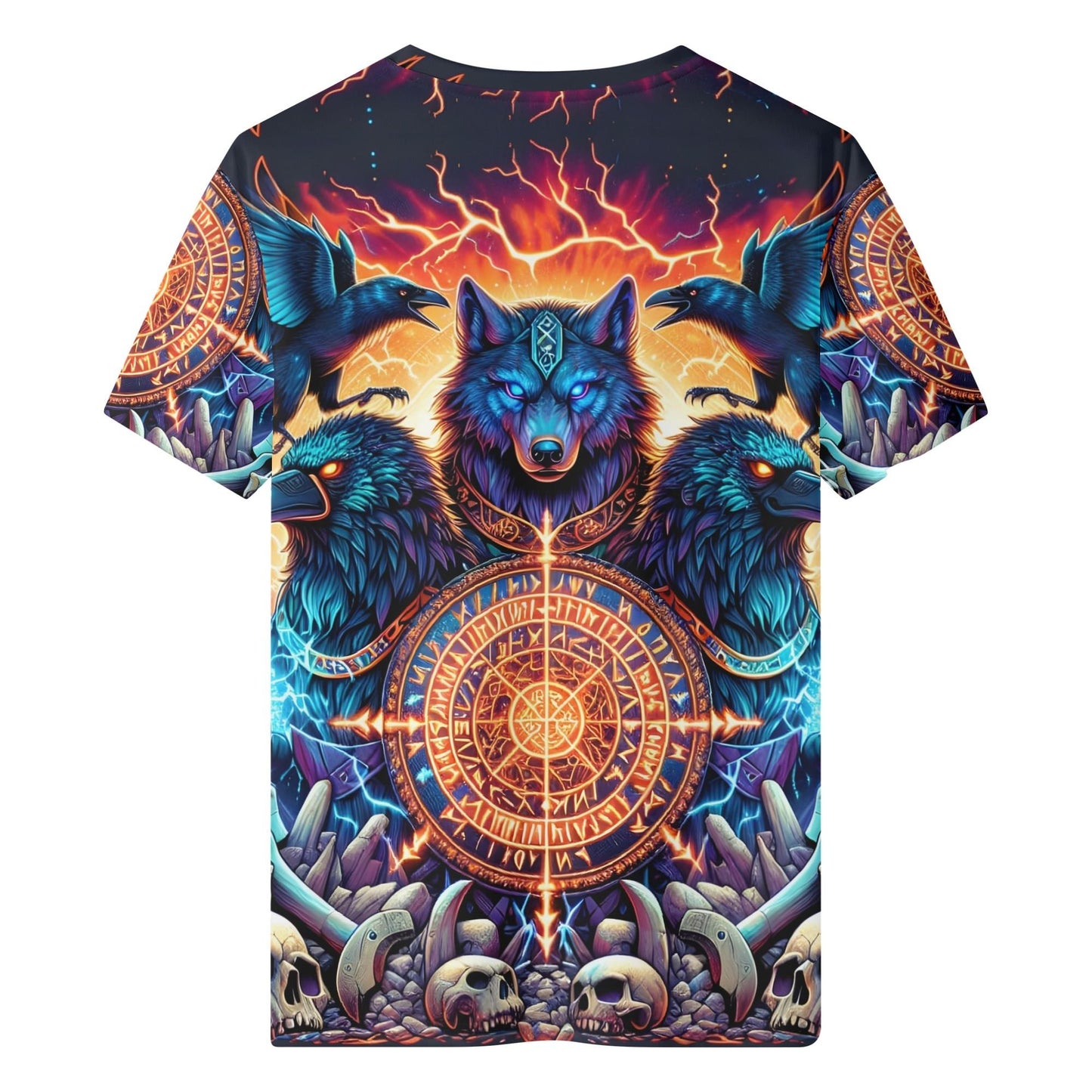 Spirit of the Forsaken Orange Org Cotton Kids Tee with colorful wolf, ravens, and mystical symbols design
