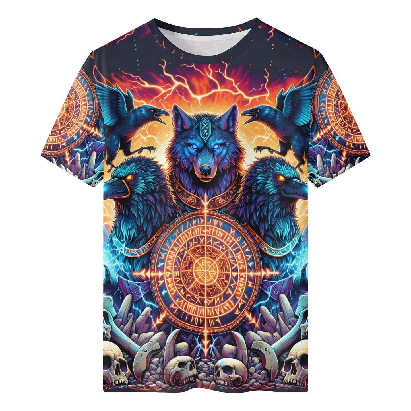 Spirit of the Forsaken Orange Org Cotton Kids Tee with vibrant wolf and raven design in electric colors