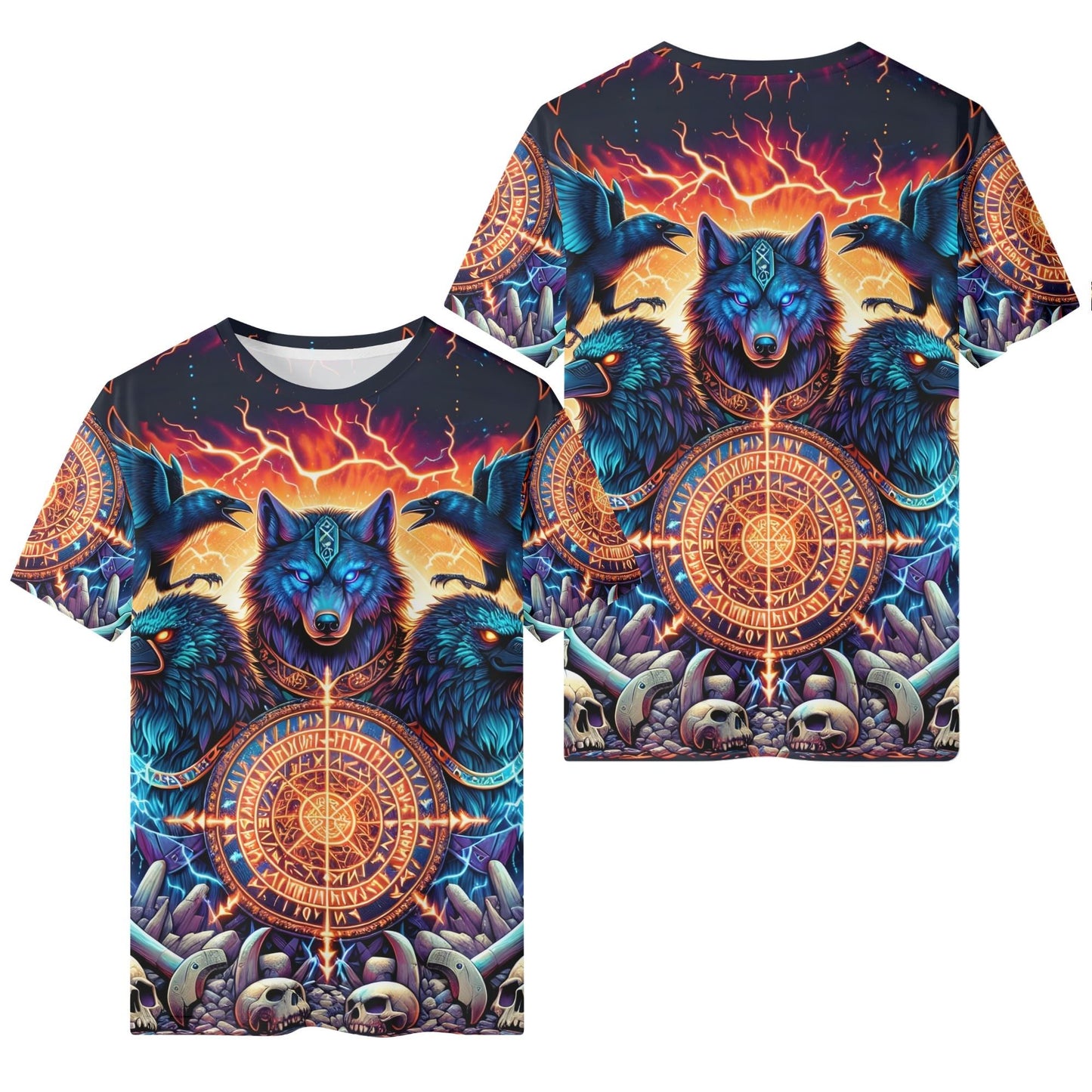 Spirit of the Forsaken Orange Org Cotton Kids Tee featuring blue wolf and raven graphic with mystical orange symbols
