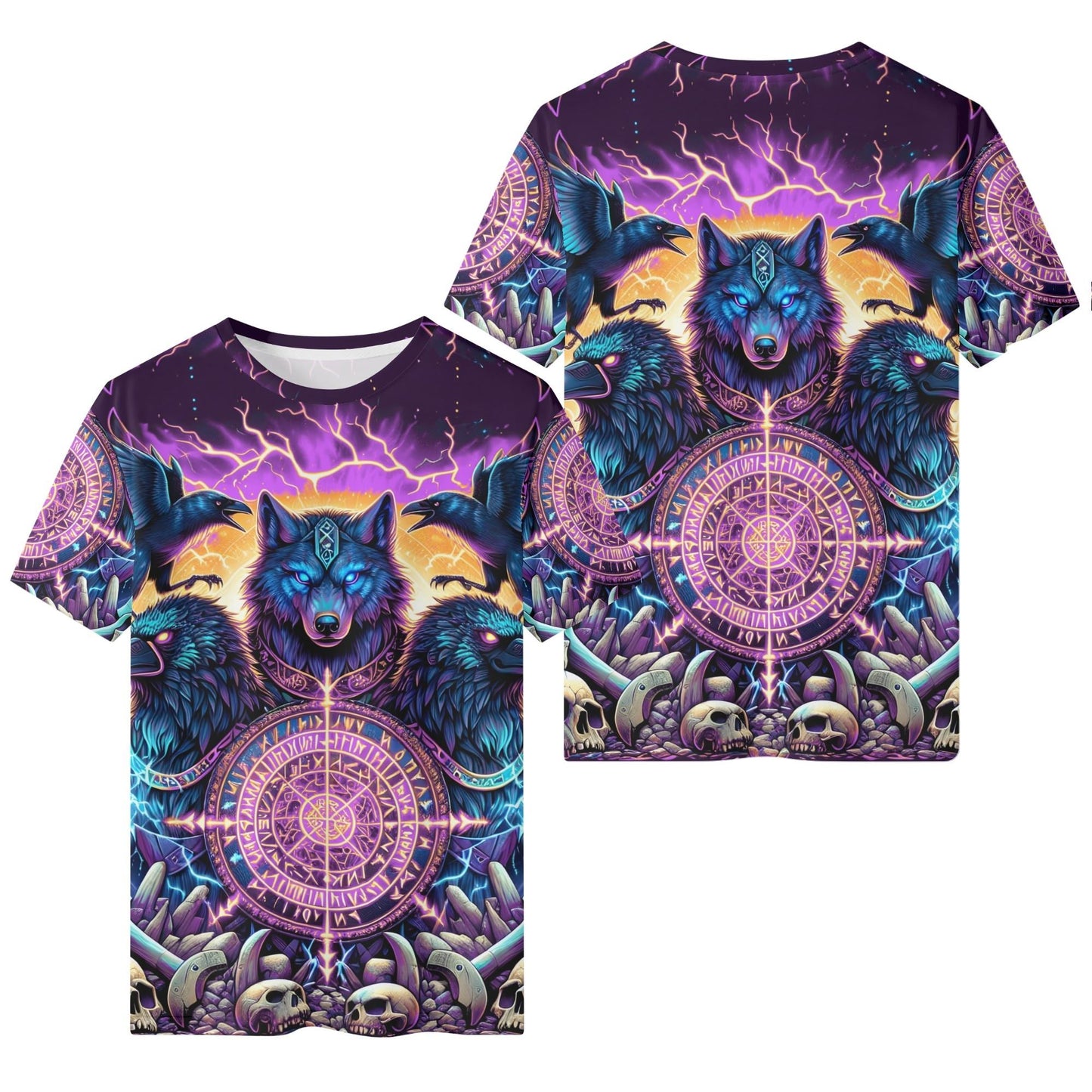 Spirit of the Forsaken purple Org Cotton Kids Tee with vibrant wolf and raven design on purple background