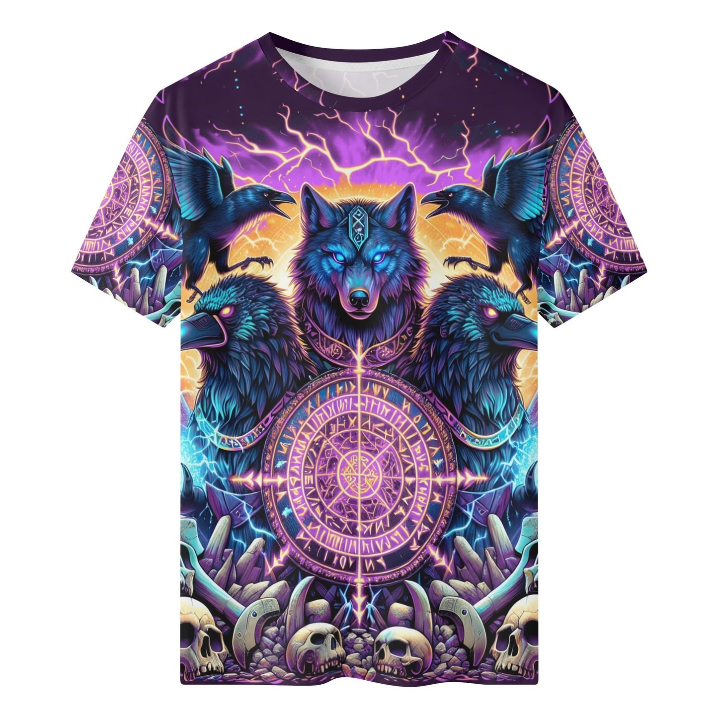 Spirit of the Forsaken purple Org Cotton Kids Tee featuring glowing wolf and raven design with skulls