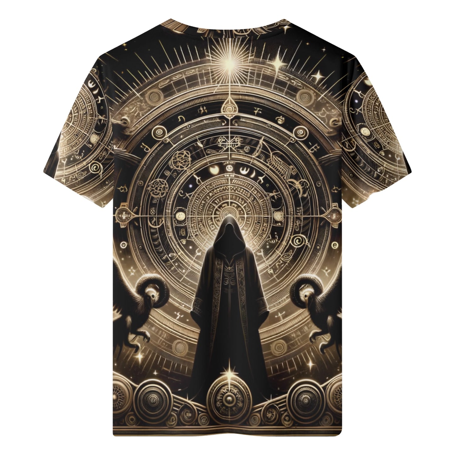 Starborn Ascendant Organic Cotton T-Shirt featuring mystical cosmic design with cloaked figure and celestial symbols