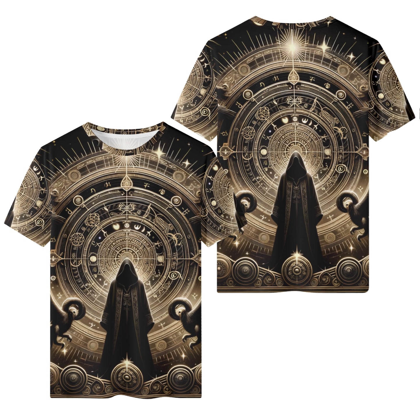 Starborn Ascendant Organic Cotton T-Shirt featuring cosmic hooded figure and intricate celestial design by Loud and Lethal