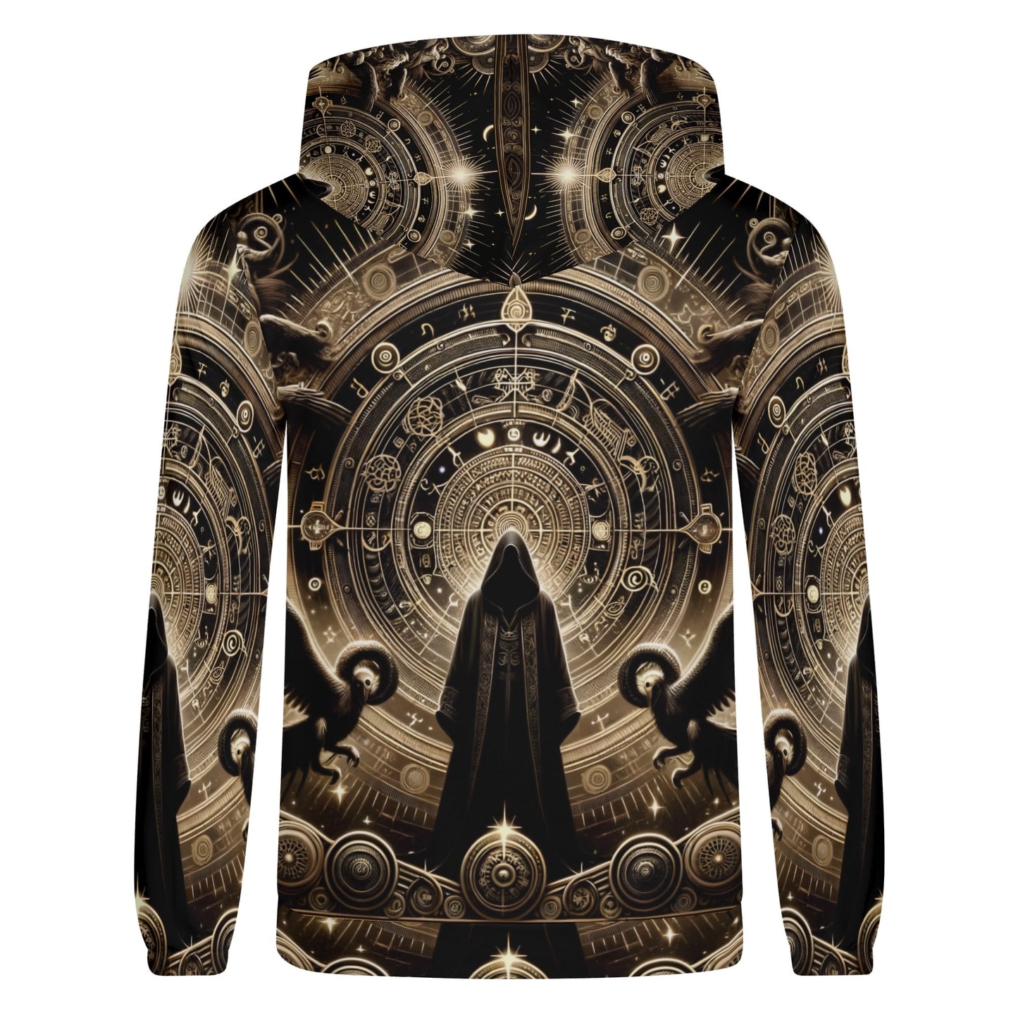 Starborn Ascendant Poly French Terry Hoodie with intricate cosmic design and hooded cloaked figure