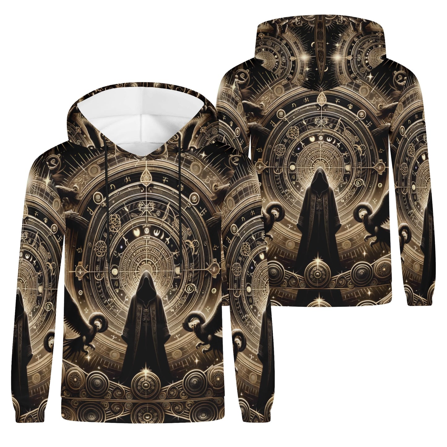 Starborn Ascendant Poly French Terry Hoodie by Loud and Lethal with cosmic dark hooded figure and intricate celestial design