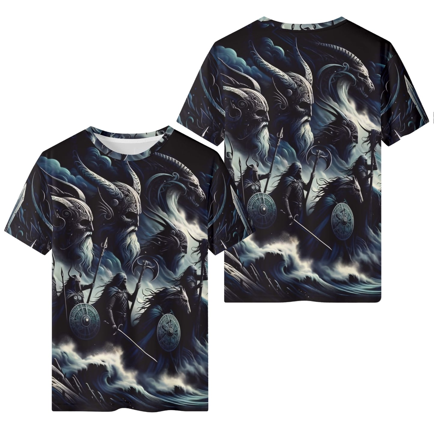 Storm Riders of the Divine Organic Cotton T-Shirt by Loud and Lethal with Viking warrior graphics on front and back