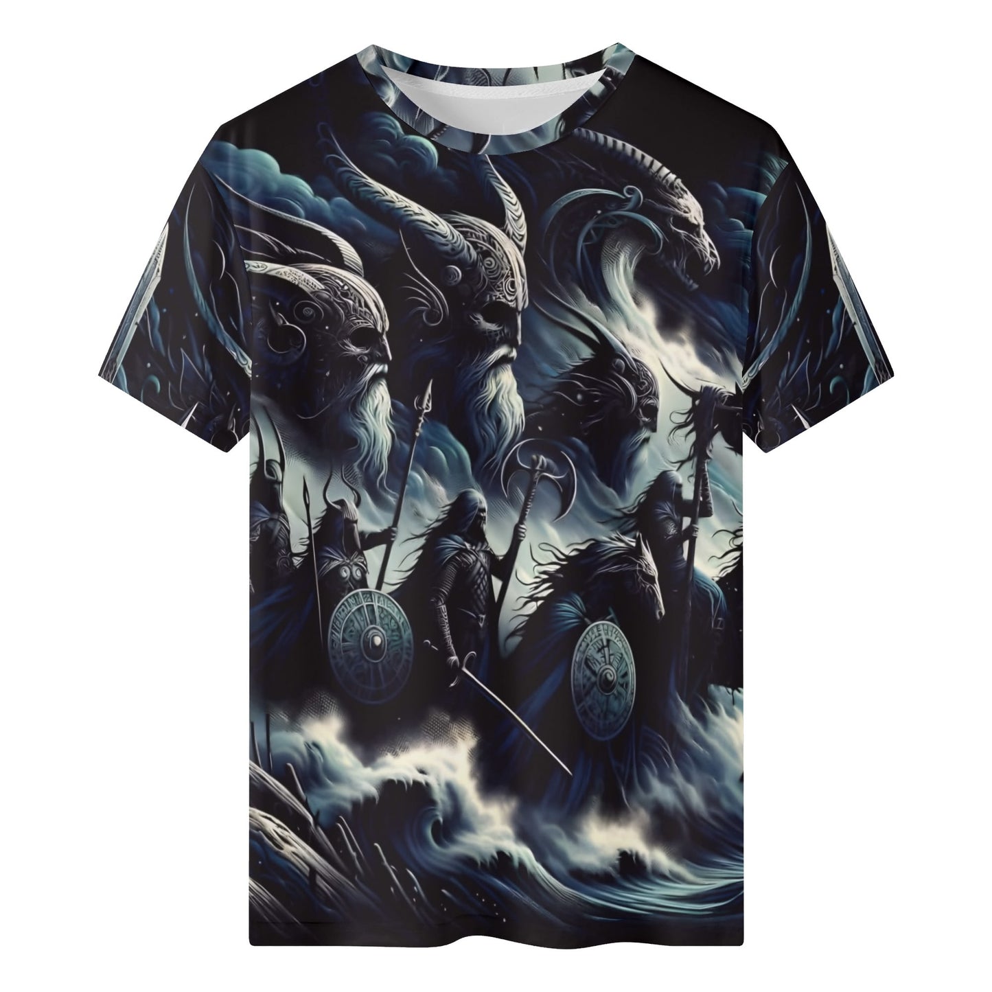 Storm Riders of the Divine Organic Cotton T-Shirt by Loud and Lethal with dark fantasy warrior and dragon design