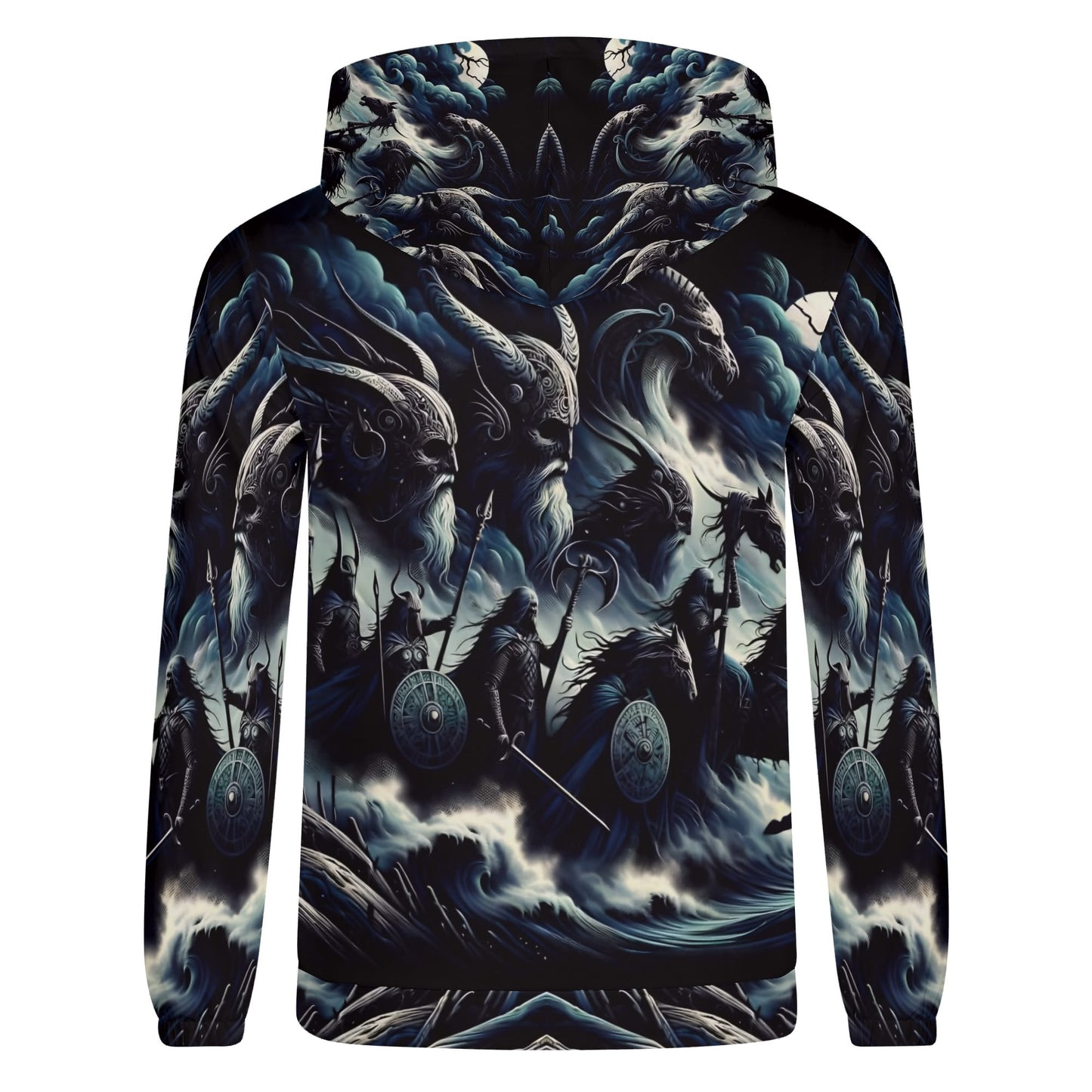 Storm Riders of the Divine Poly French Terry Hoodie by Loud and Lethal with dark mythological Viking warrior design