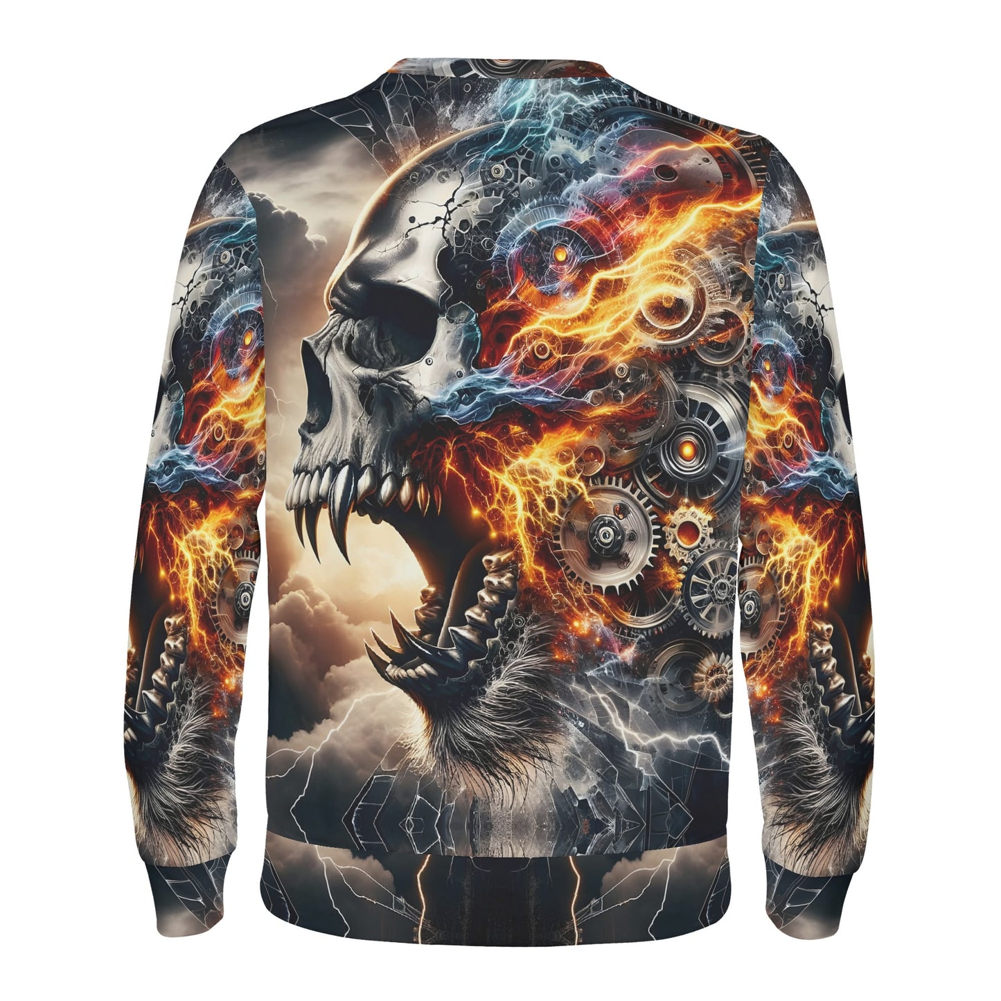 Bolt of the Ancients Poly French Terry Sweatshirt unisex Loud and Lethal back view with flaming skull gears and lightning