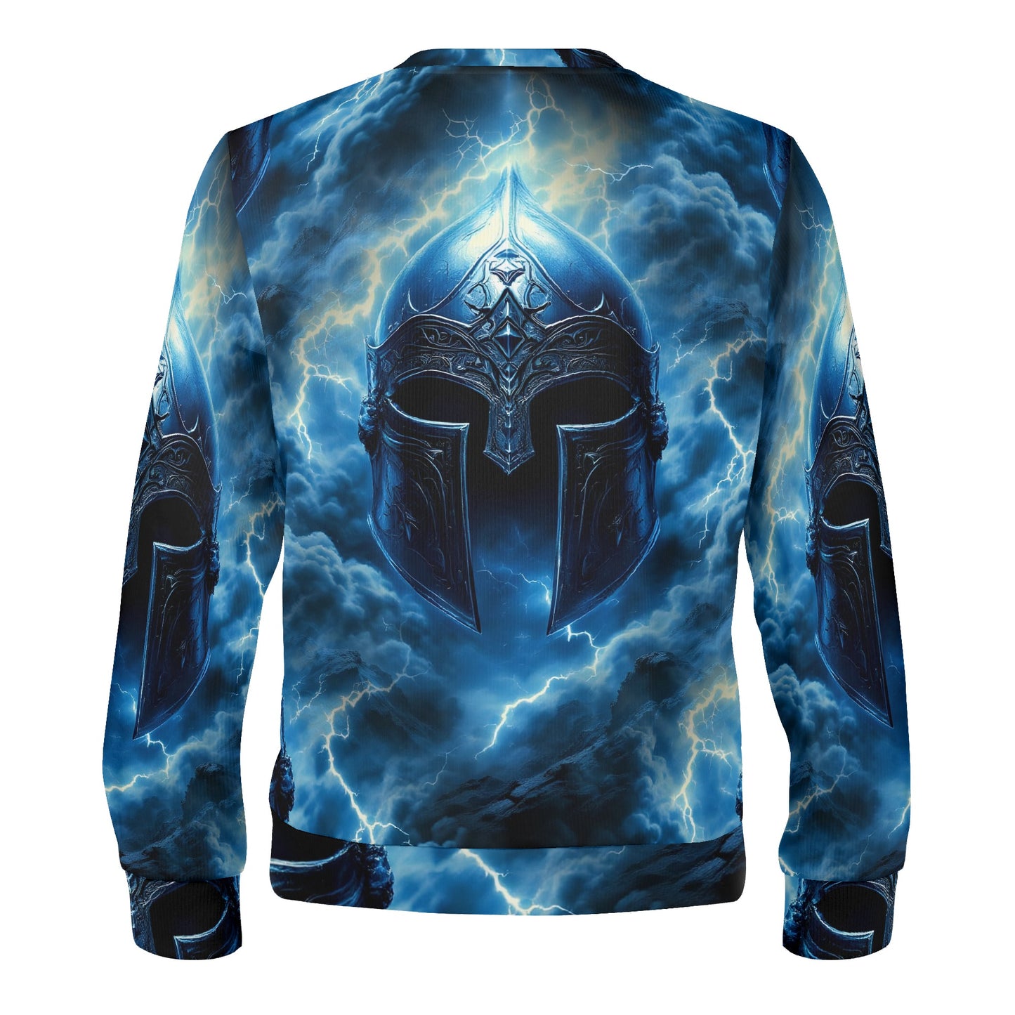 Loud and Lethal Iron Tempest Poly French Terry Sweatshirt . Unisex sweater with blue storm background and spartan helmet print