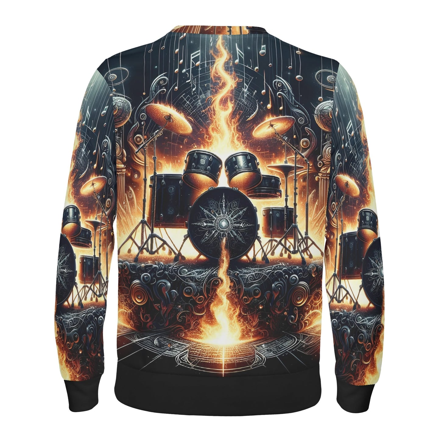 Loud and Lethal unisex sweater with flaming drum kit allover print Firestorm Drums Poly French Terry Sweatshirt .