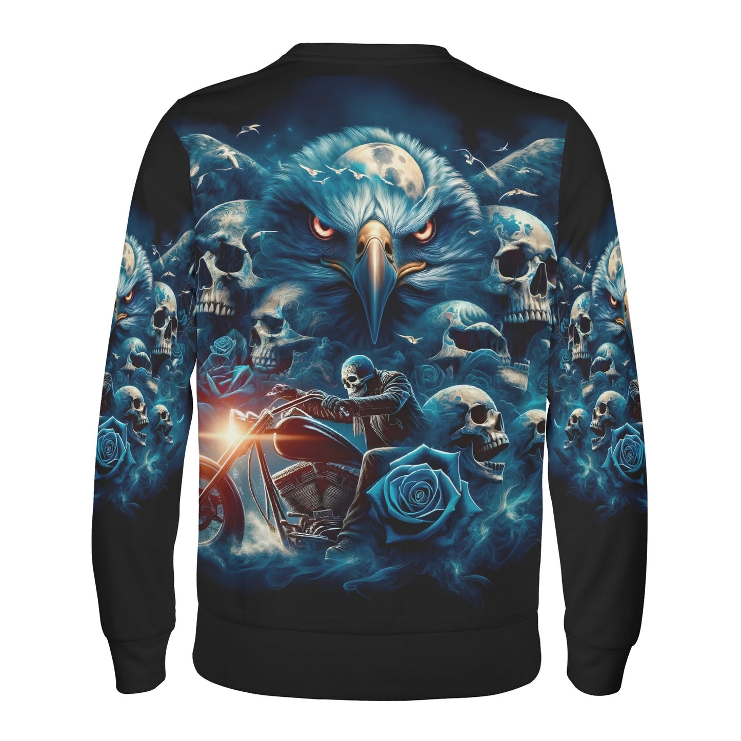 Ghost in the Wind Poly French Terry Sweatshirt Loud and Lethal unisex black with blue eagle skulls motorcycle rider roses