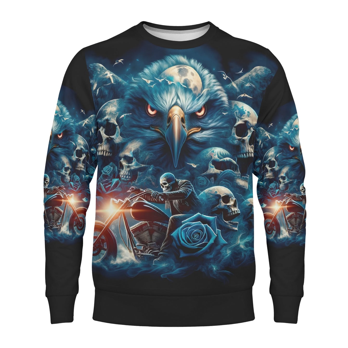 Loud and Lethal Ghost in the Wind Poly French Terry Sweatshirt unisex sweater featuring blue eagle skulls motorcycles and moon art