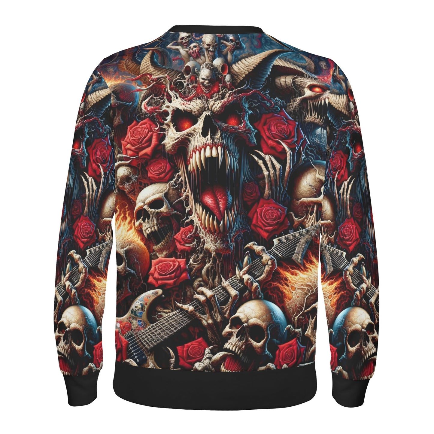 A Wild Dance in Flames Poly French Terry Sweatshirt by Loud and Lethal unisex sweater with skulls red roses guitars and flames